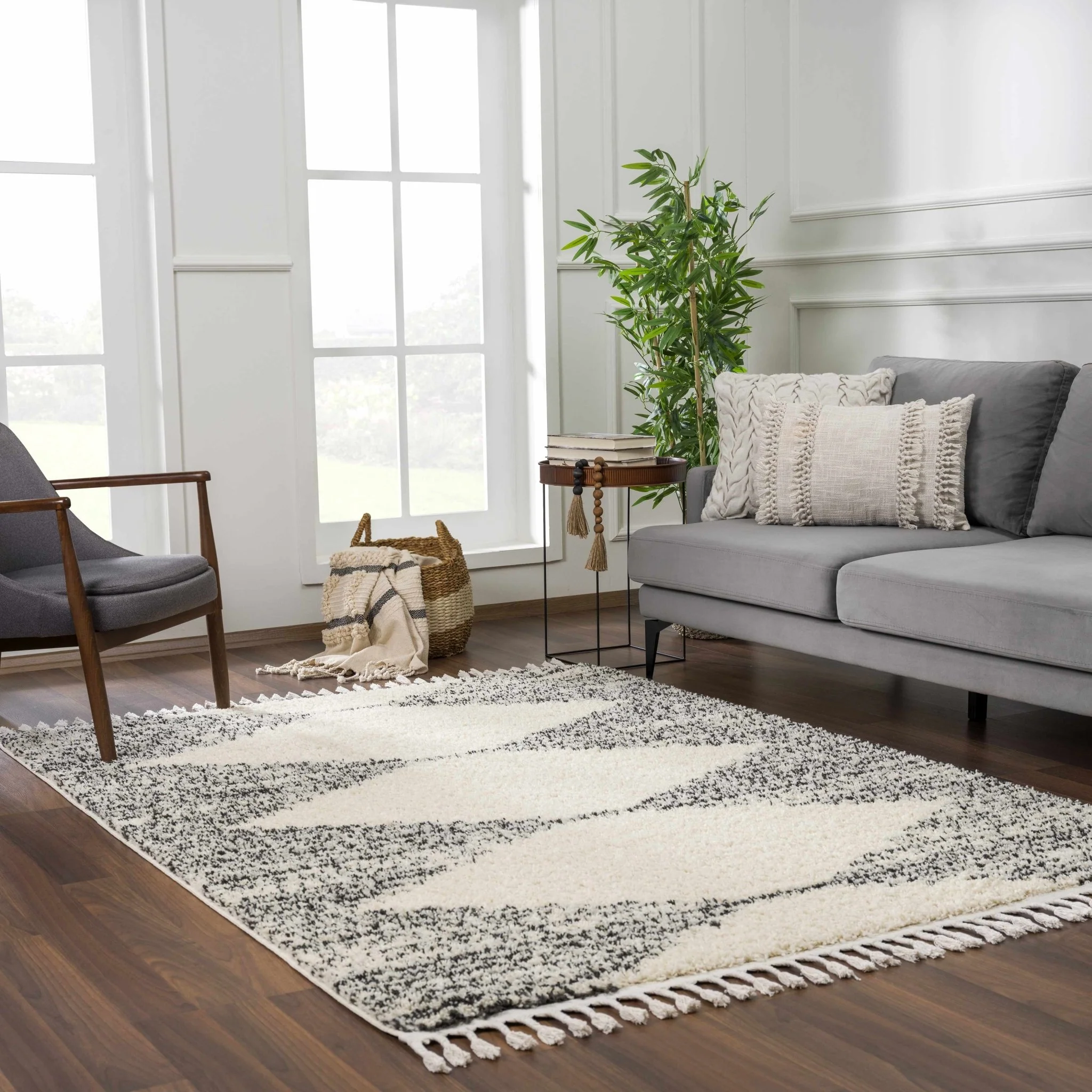 Beige and Charcoal Modern Geometrical Plush Pile Moroccan Style Area Rug - Image 17