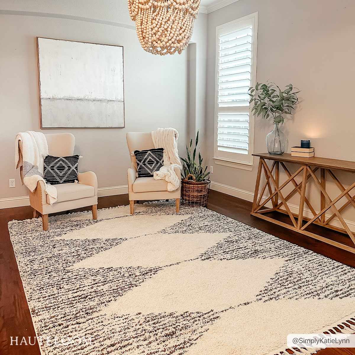 Beige and Charcoal Modern Geometrical Plush Pile Moroccan Style Area Rug - Image 2