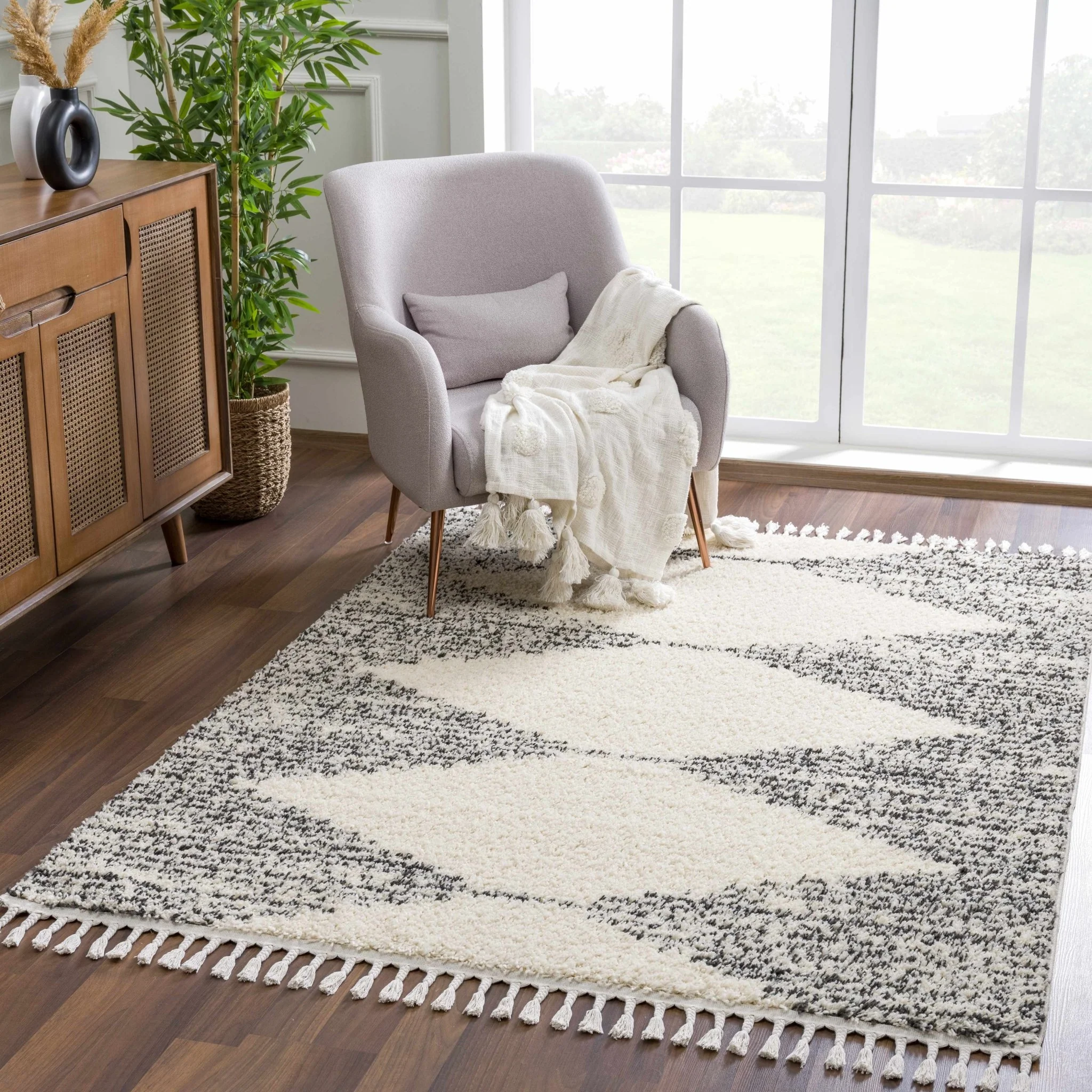 Beige and Charcoal Modern Geometrical Plush Pile Moroccan Style Area Rug - Image 20