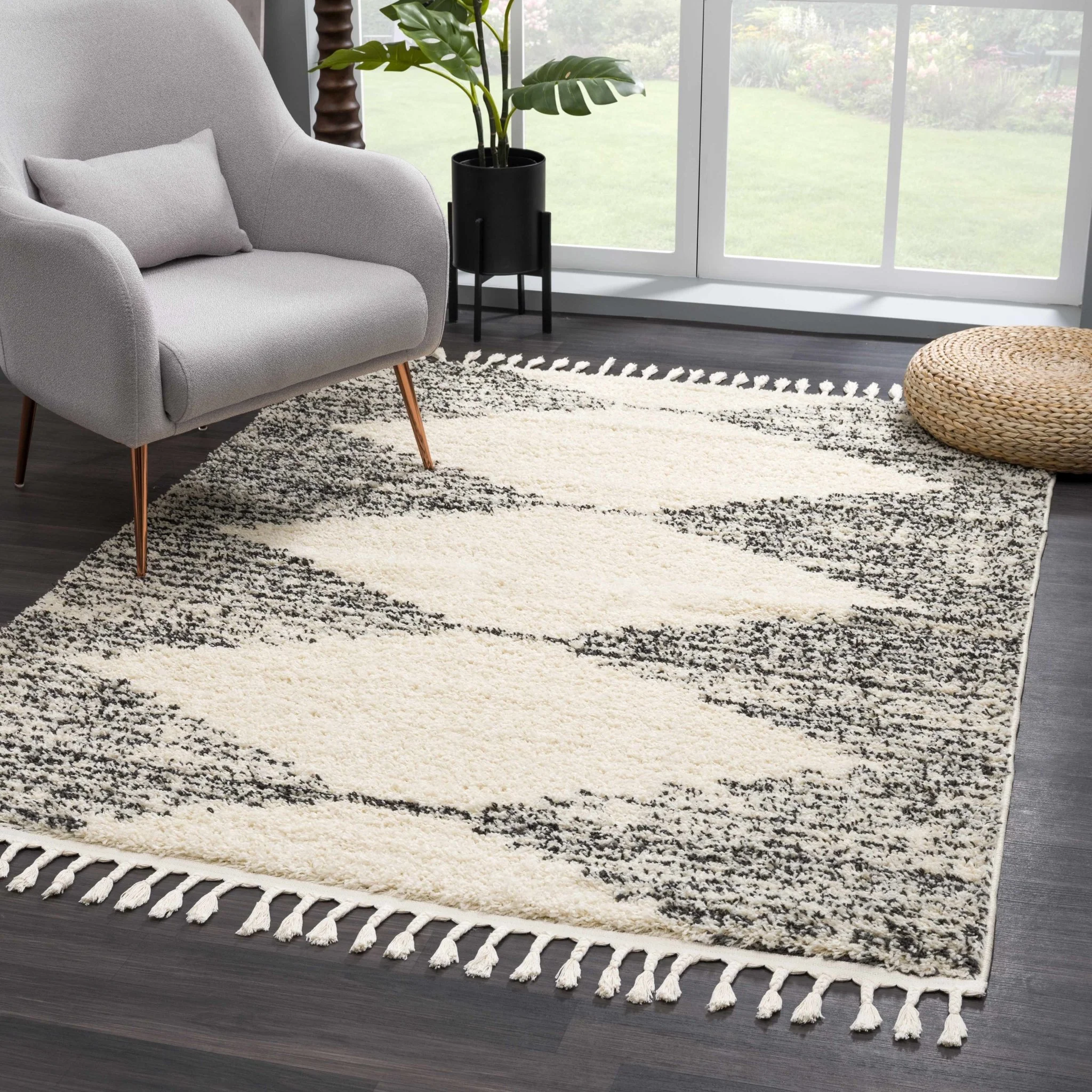 Beige and Charcoal Modern Geometrical Plush Pile Moroccan Style Area Rug - Image 4