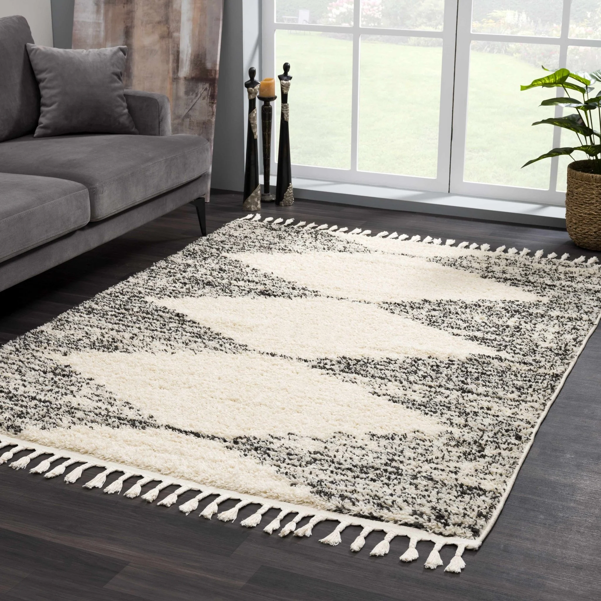 Beige and Charcoal Modern Geometrical Plush Pile Moroccan Style Area Rug - Image 8