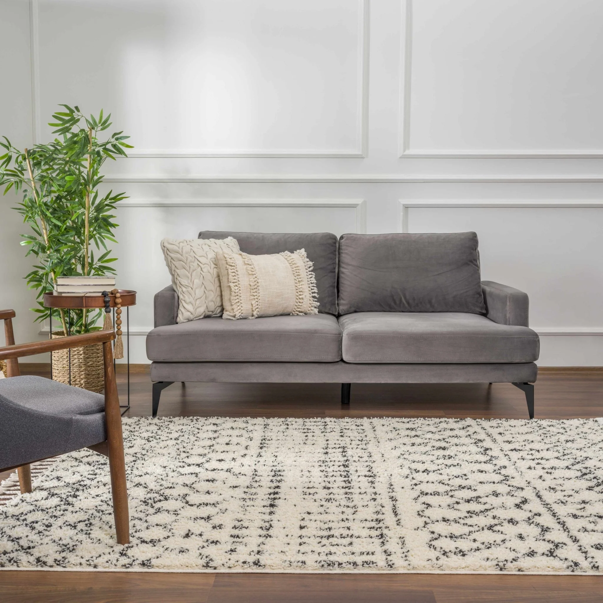 Beige and Charcoal Plush Pile Moroccan Style Tribal Trellis Area Rug - Image 15