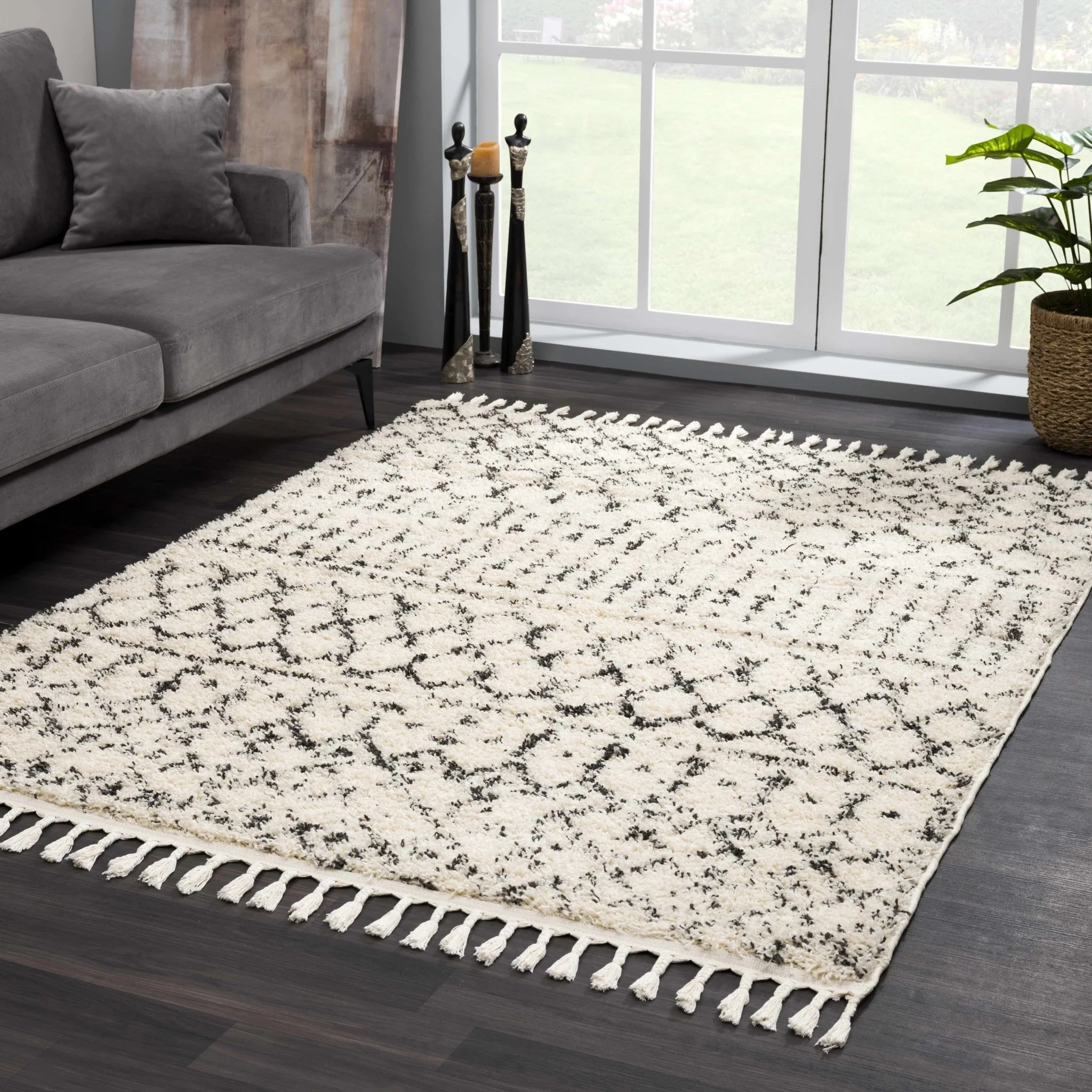 Beige and Charcoal Plush Pile Moroccan Style Tribal Trellis Area Rug - Image 17