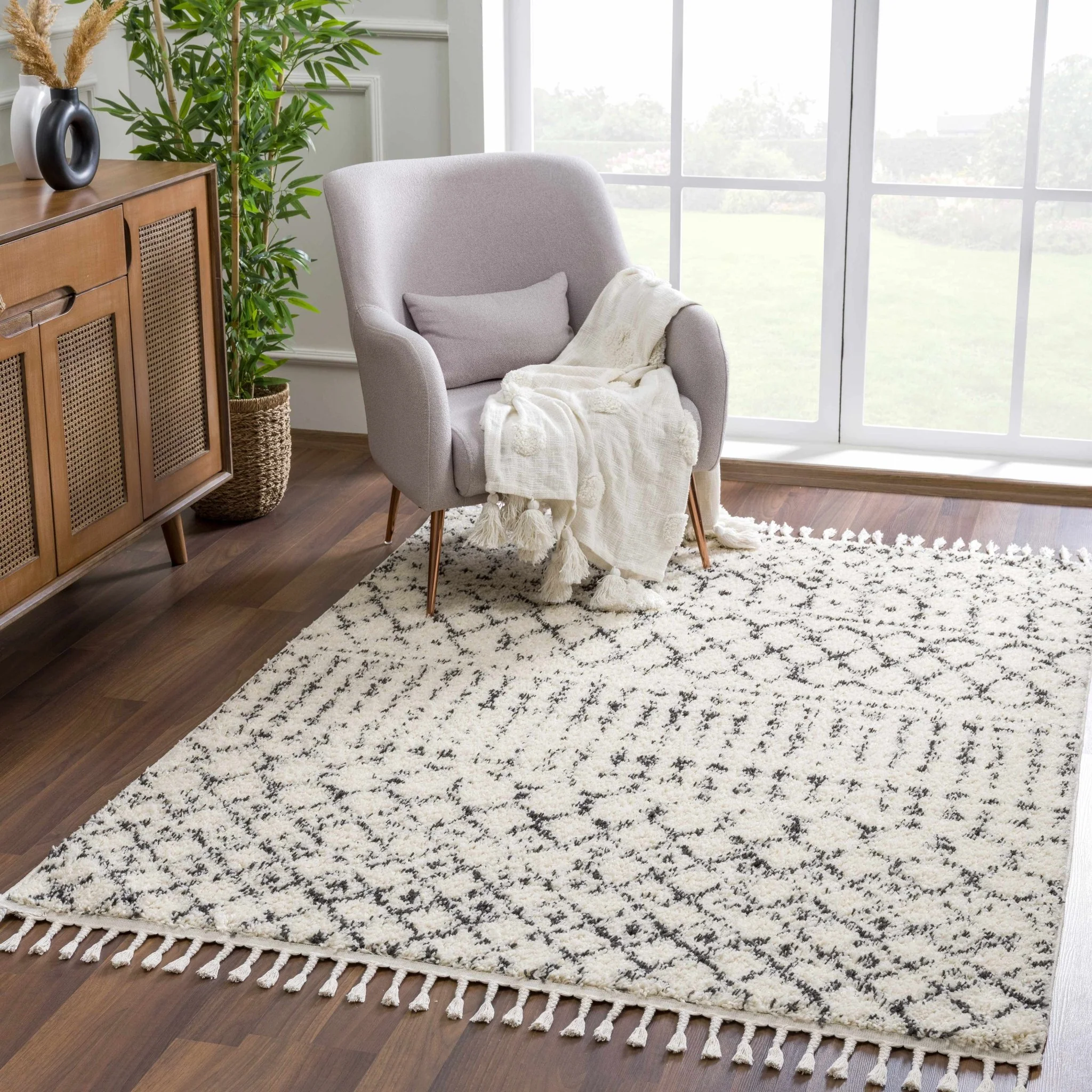 Beige and Charcoal Plush Pile Moroccan Style Tribal Trellis Area Rug - Image 18