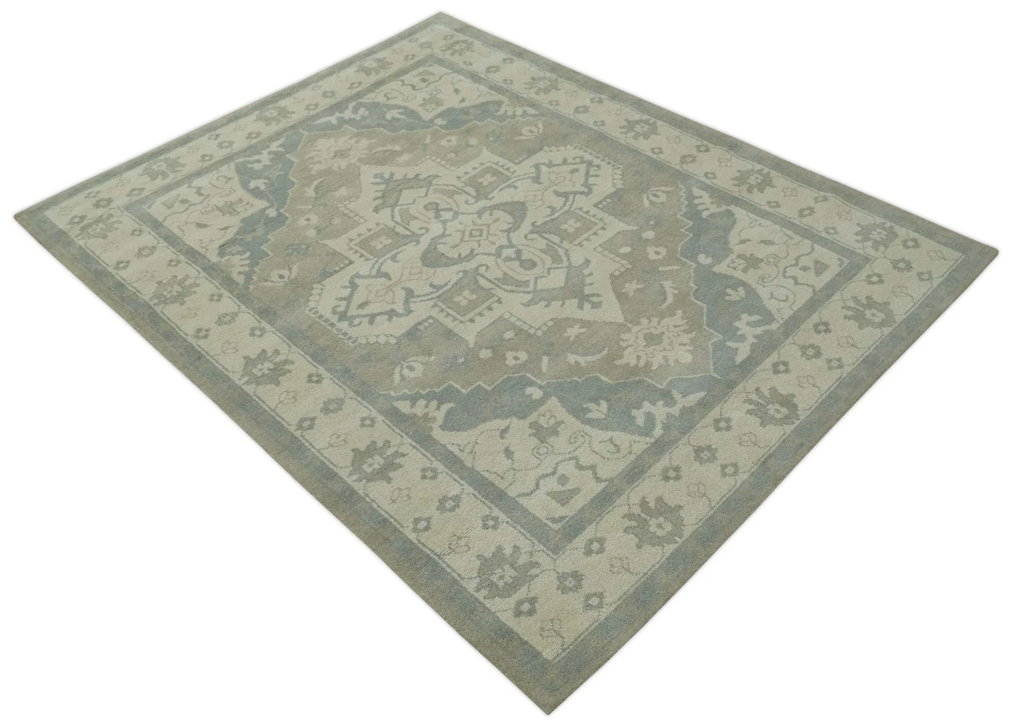 Custom Made Beige and Charcoal Traditional Heriz Medallion Hand Knotted wool Area Rug - Image 10