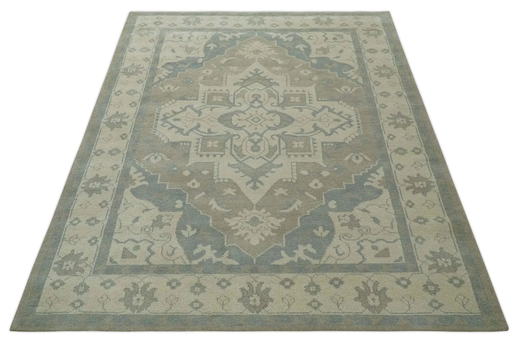 Custom Made Beige and Charcoal Traditional Heriz Medallion Hand Knotted wool Area Rug - Image 11
