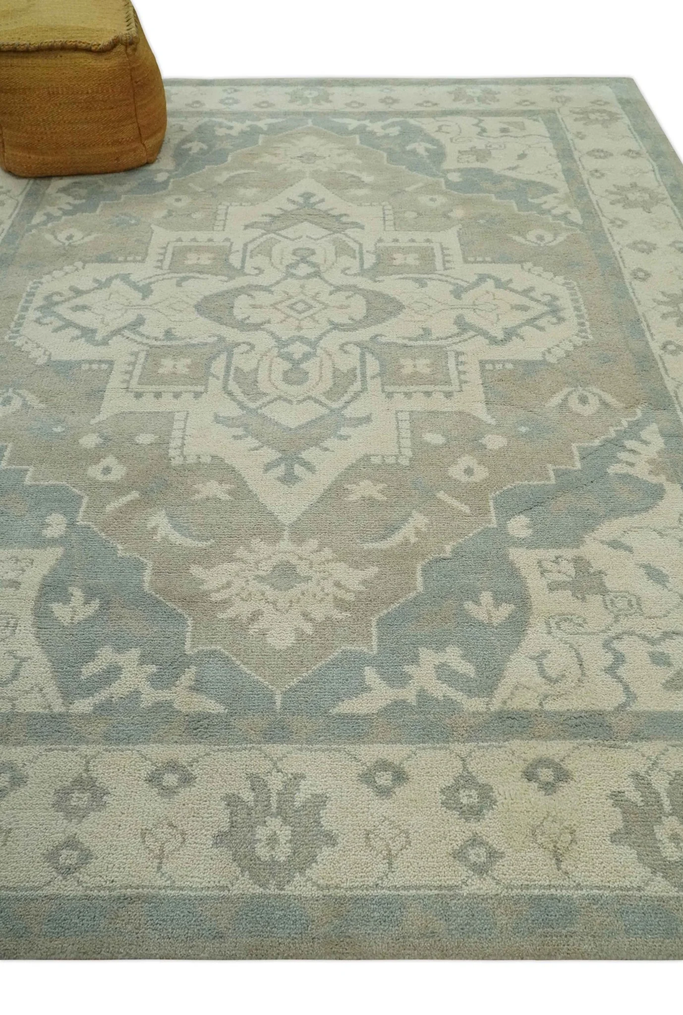 Custom Made Beige and Charcoal Traditional Heriz Medallion Hand Knotted wool Area Rug - Image 4
