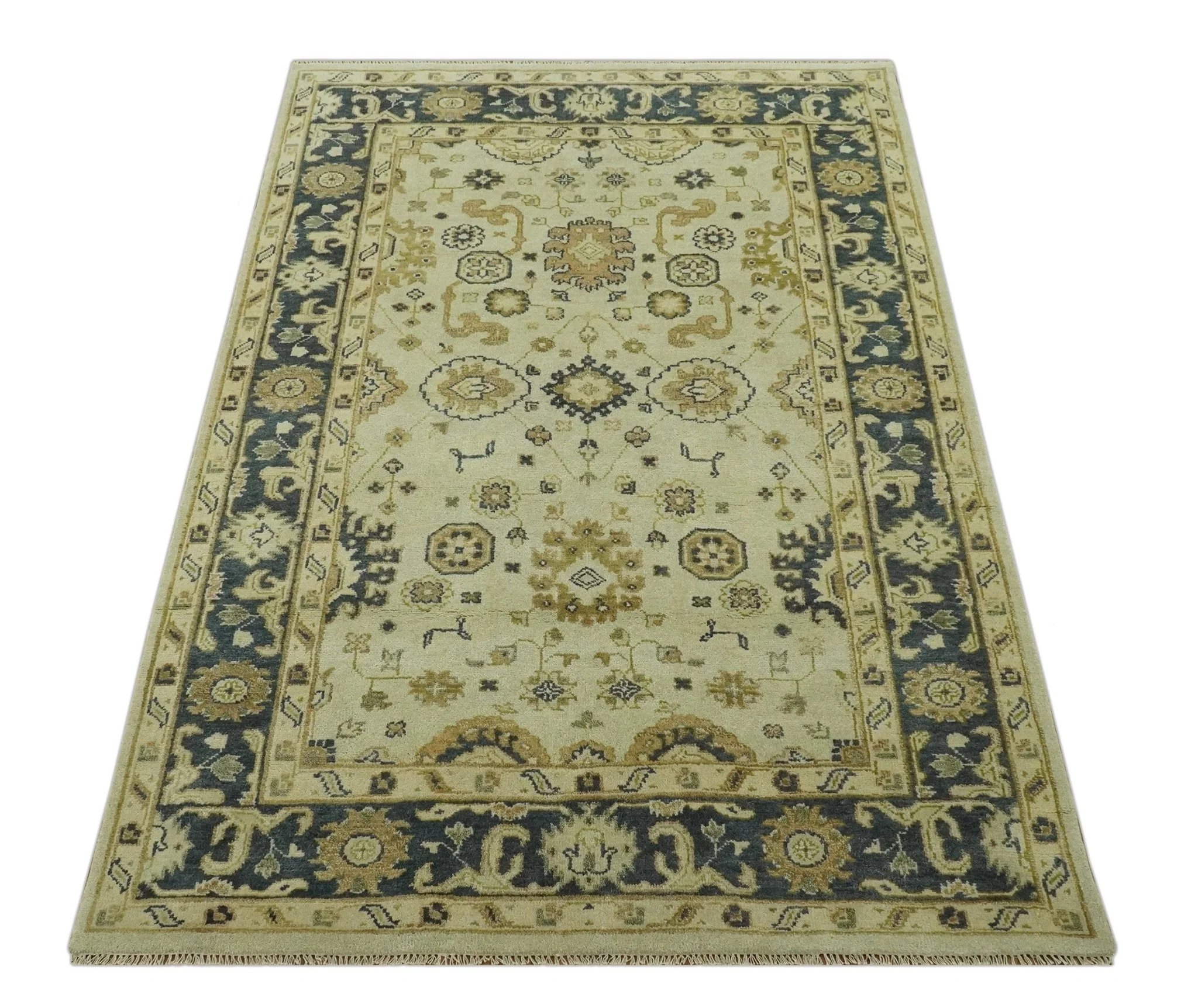 Beige and Charcoal 6x9 Hand Knotted Traditional Oriental Oushak wool area rug - Image 10