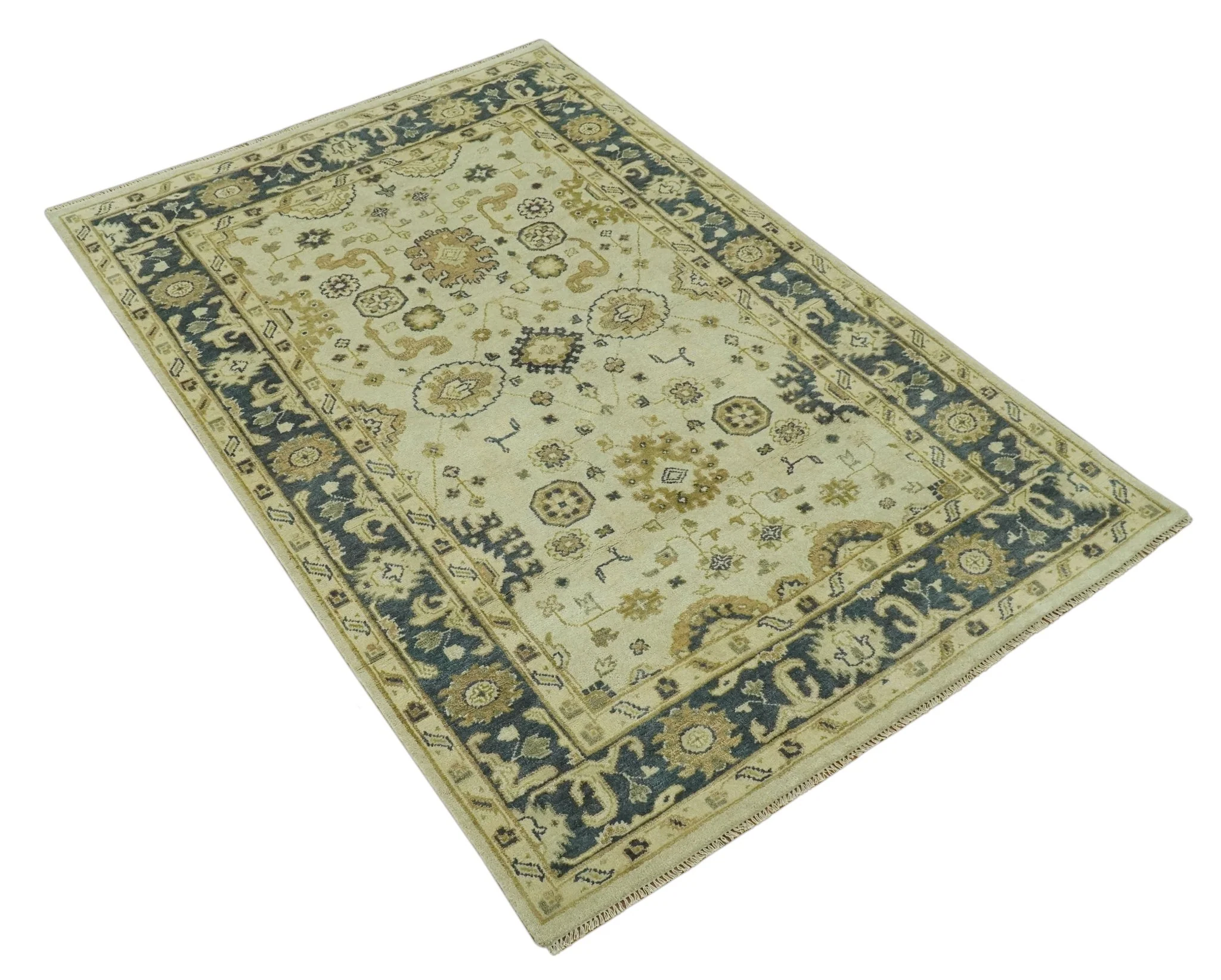 Beige and Charcoal 6x9 Hand Knotted Traditional Oriental Oushak wool area rug - Image 9