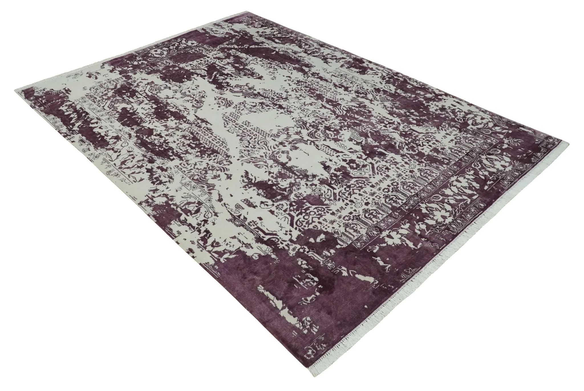 8x11 Beige and Dark Purple Modern Abstract Hand Knotted Wool Area Rug - Image 10