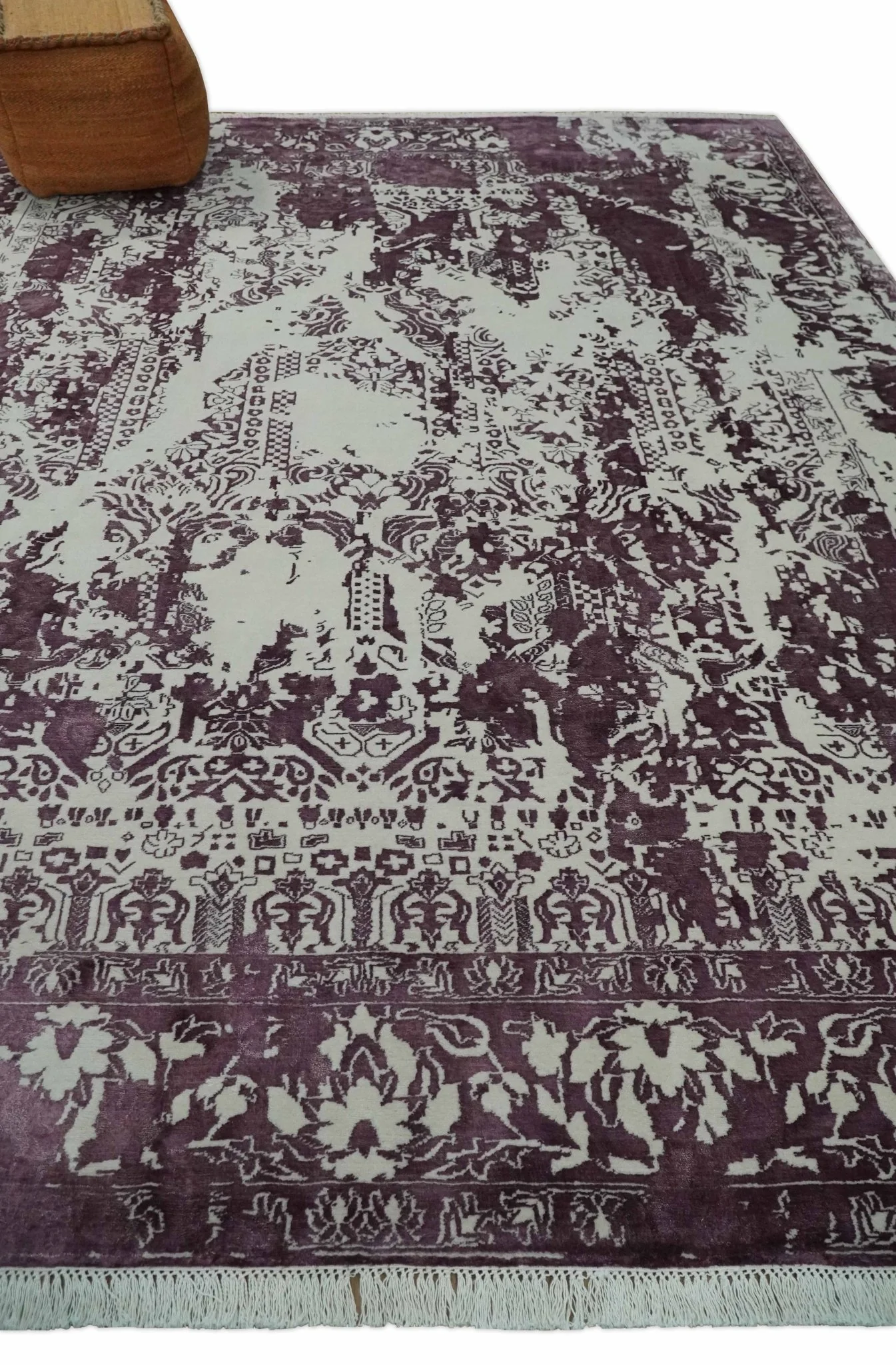8x11 Beige and Dark Purple Modern Abstract Hand Knotted Wool Area Rug - Image 3
