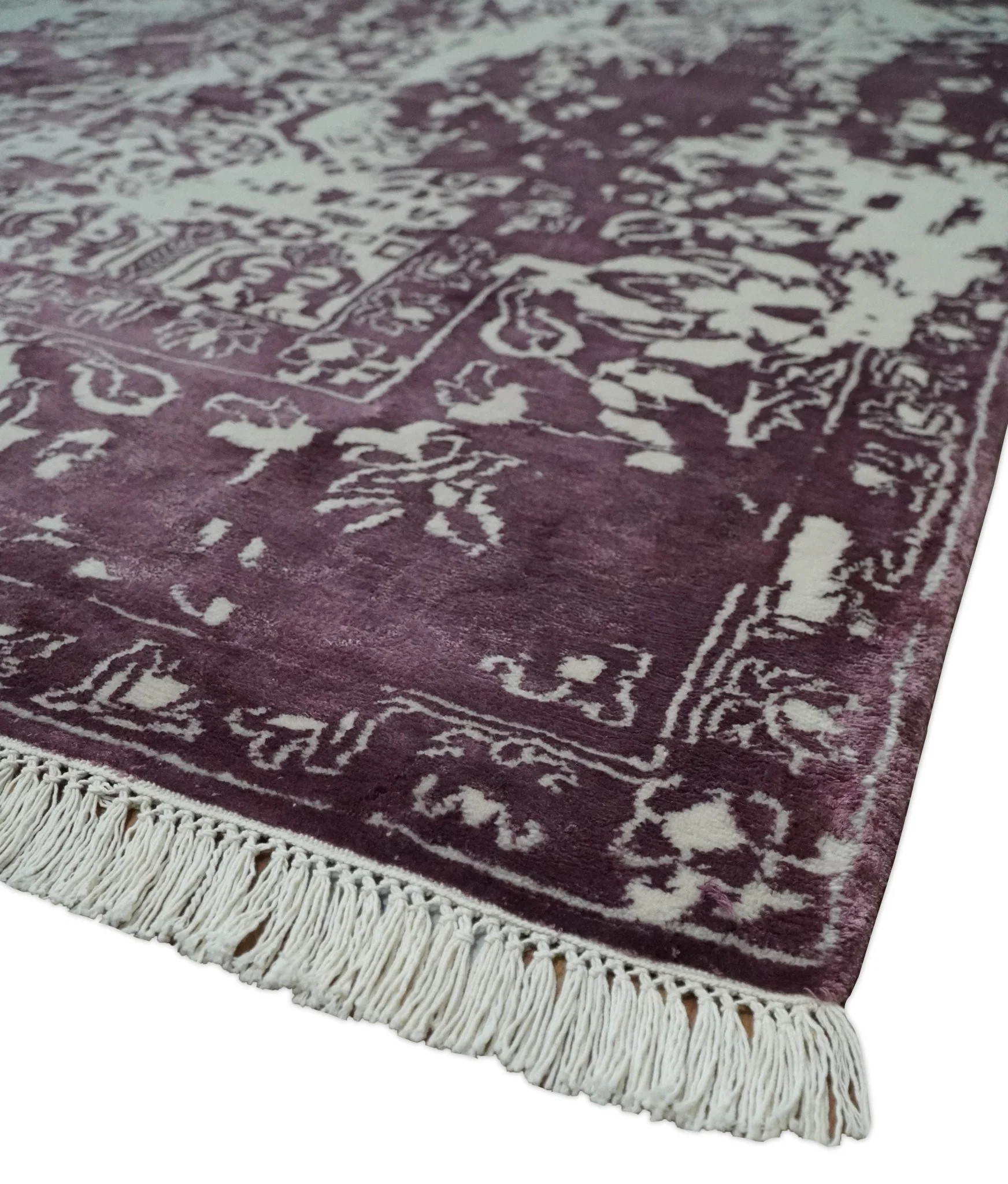 8x11 Beige and Dark Purple Modern Abstract Hand Knotted Wool Area Rug - Image 5