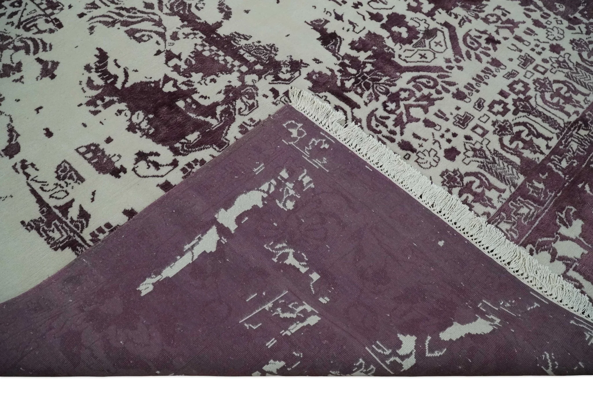 8x11 Beige and Dark Purple Modern Abstract Hand Knotted Wool Area Rug - Image 7