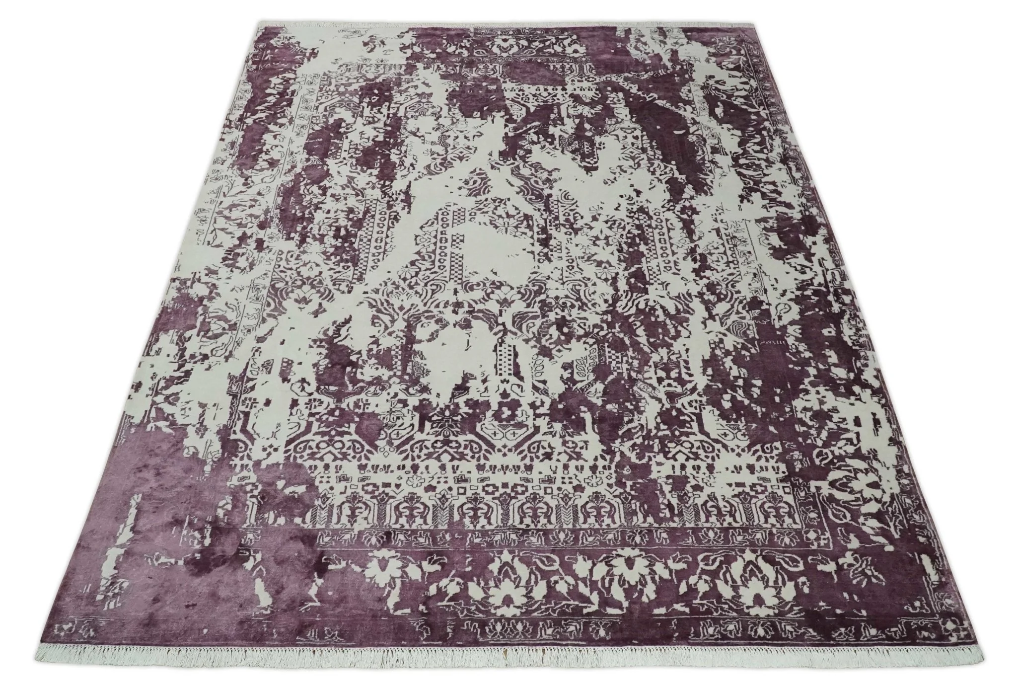 8x11 Beige and Dark Purple Modern Abstract Hand Knotted Wool Area Rug - Image 9