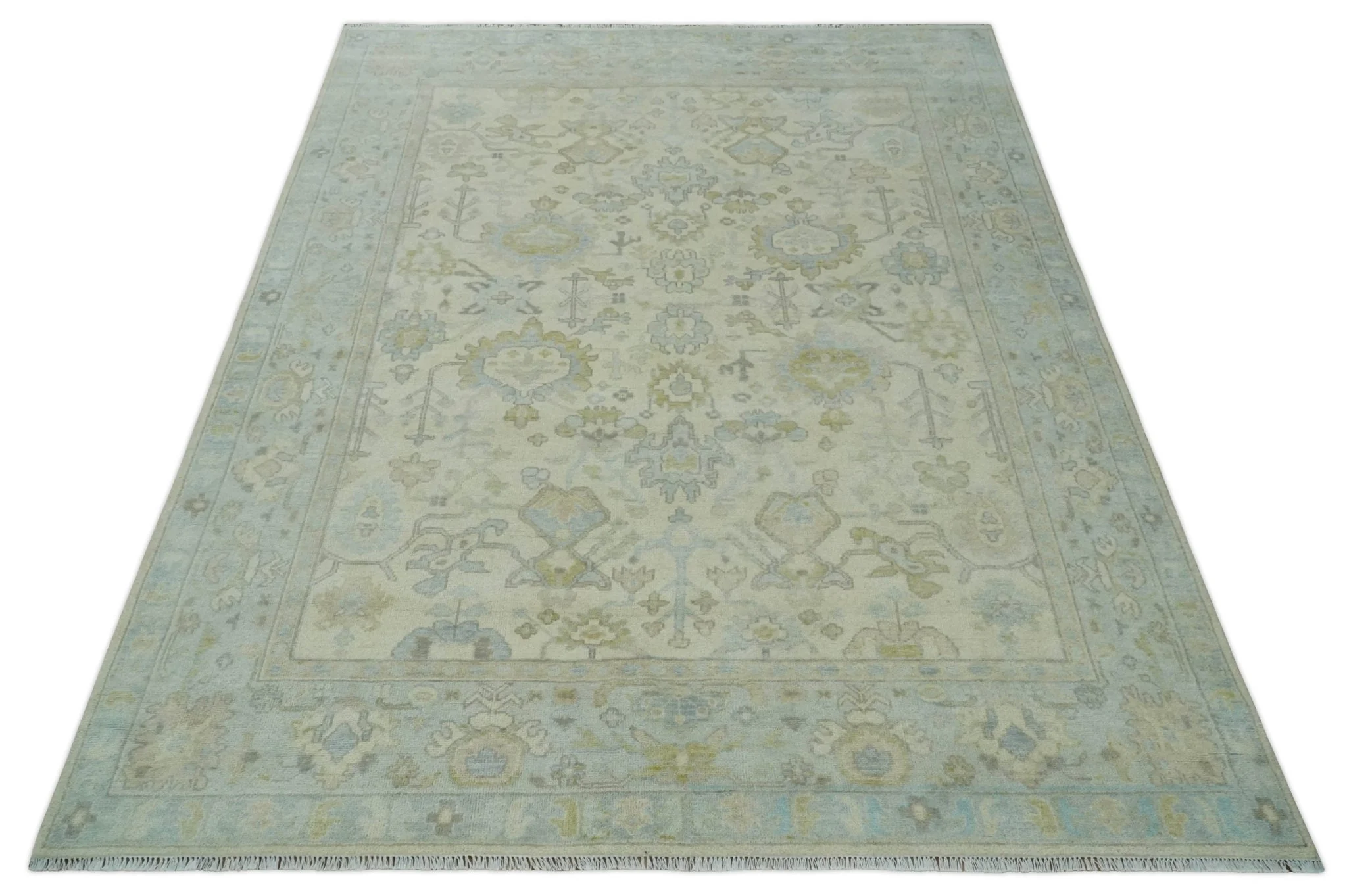 Antique look Beige and Gray Hand knotted Custom Made Oushak wool Area Rug - Image 10