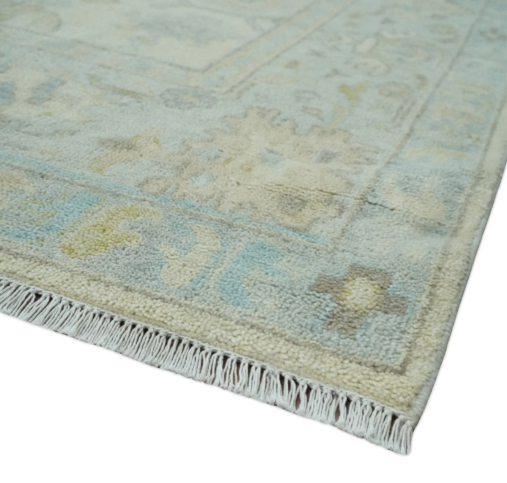 Antique look Beige and Gray Hand knotted Custom Made Oushak wool Area Rug - Image 5