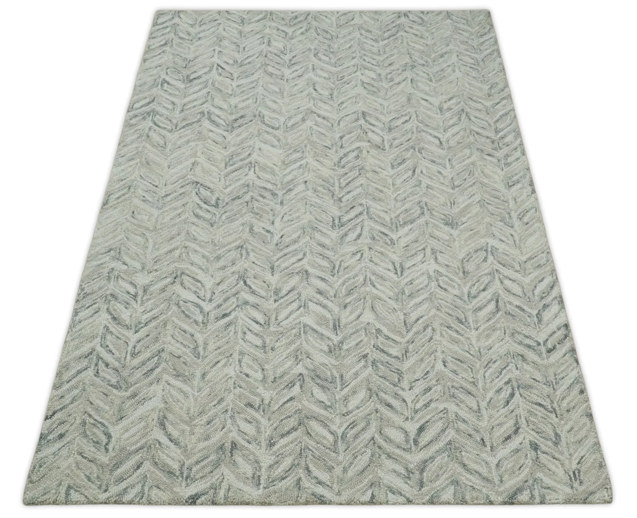 Custom Made Beige and Gray Leaf's Hand Tufted Modern Scandinavian Wool Loop Rug - Image 11
