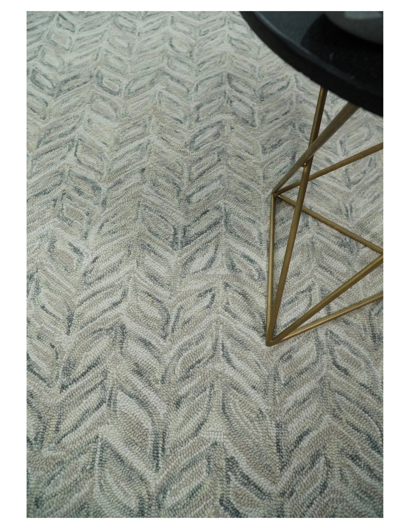 Custom Made Beige and Gray Leaf's Hand Tufted Modern Scandinavian Wool Loop Rug - Image 2