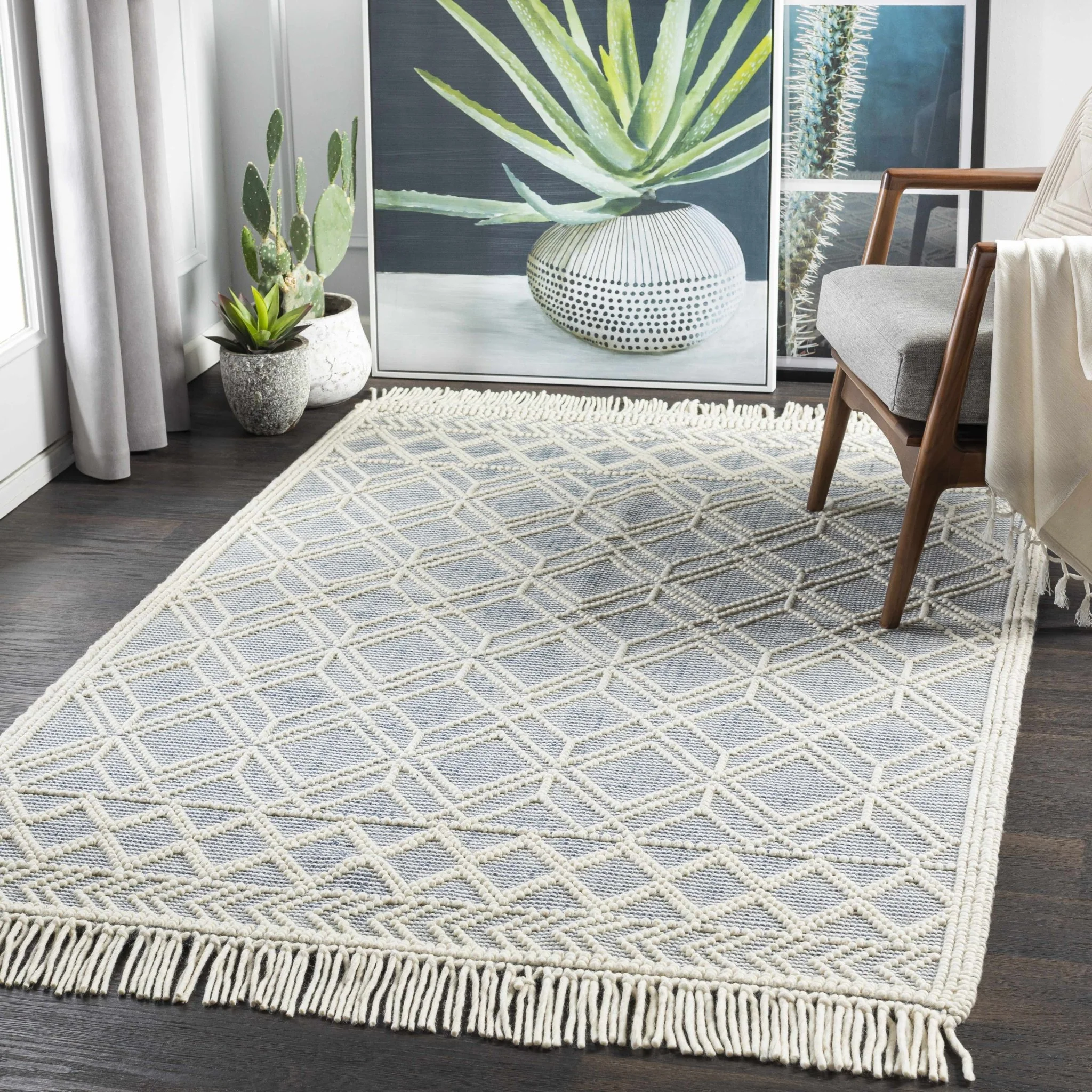 Beige and Gray Hand Woven Tasseled Texture Wool and Cotton Blended Rug - Image 3