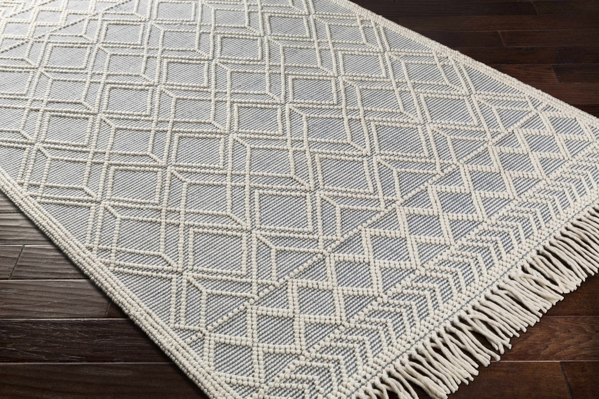Beige and Gray Hand Woven Tasseled Texture Wool and Cotton Blended Rug - Image 5