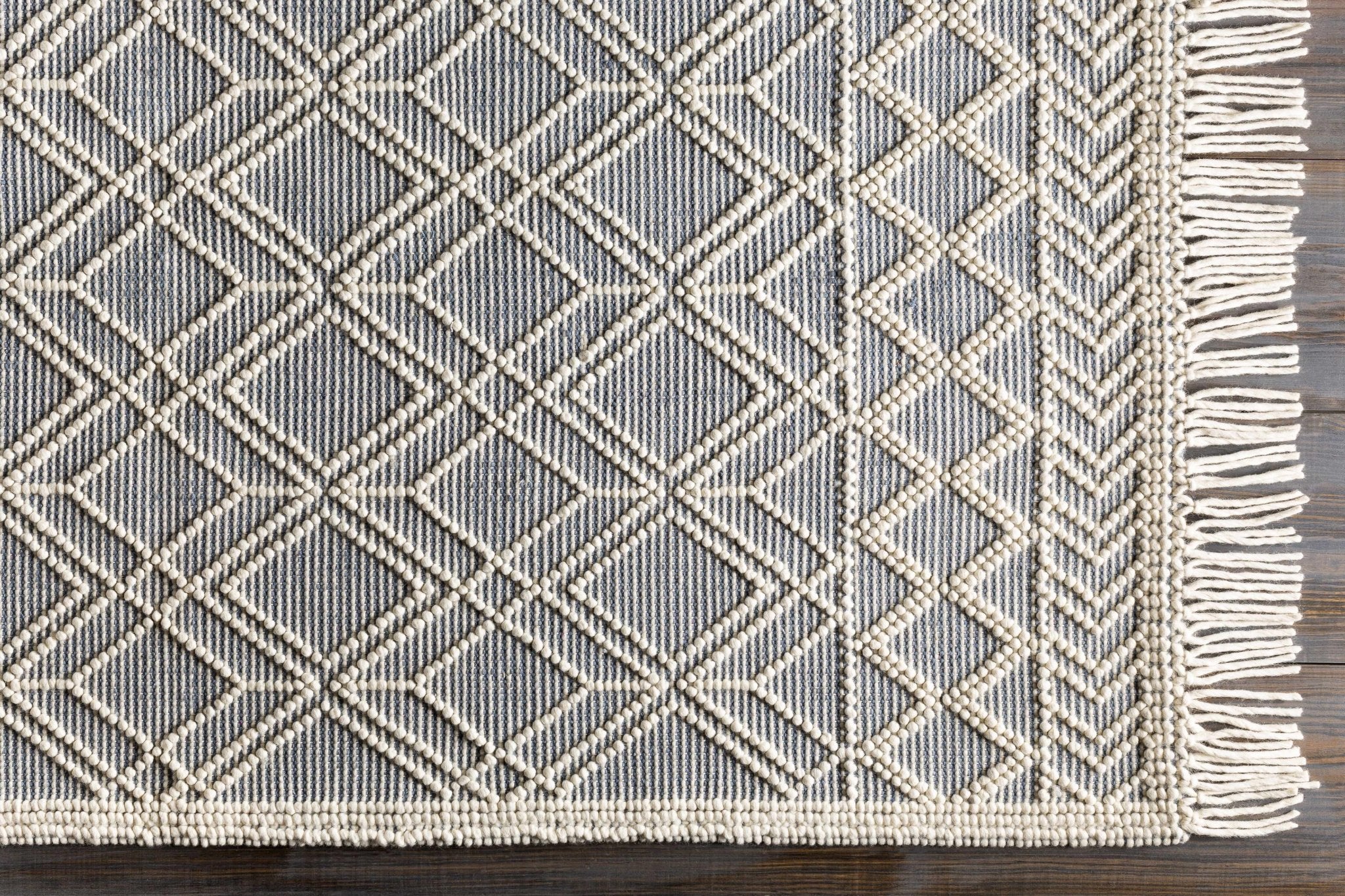 Beige and Gray Hand Woven Tasseled Texture Wool and Cotton Blended Rug - Image 8