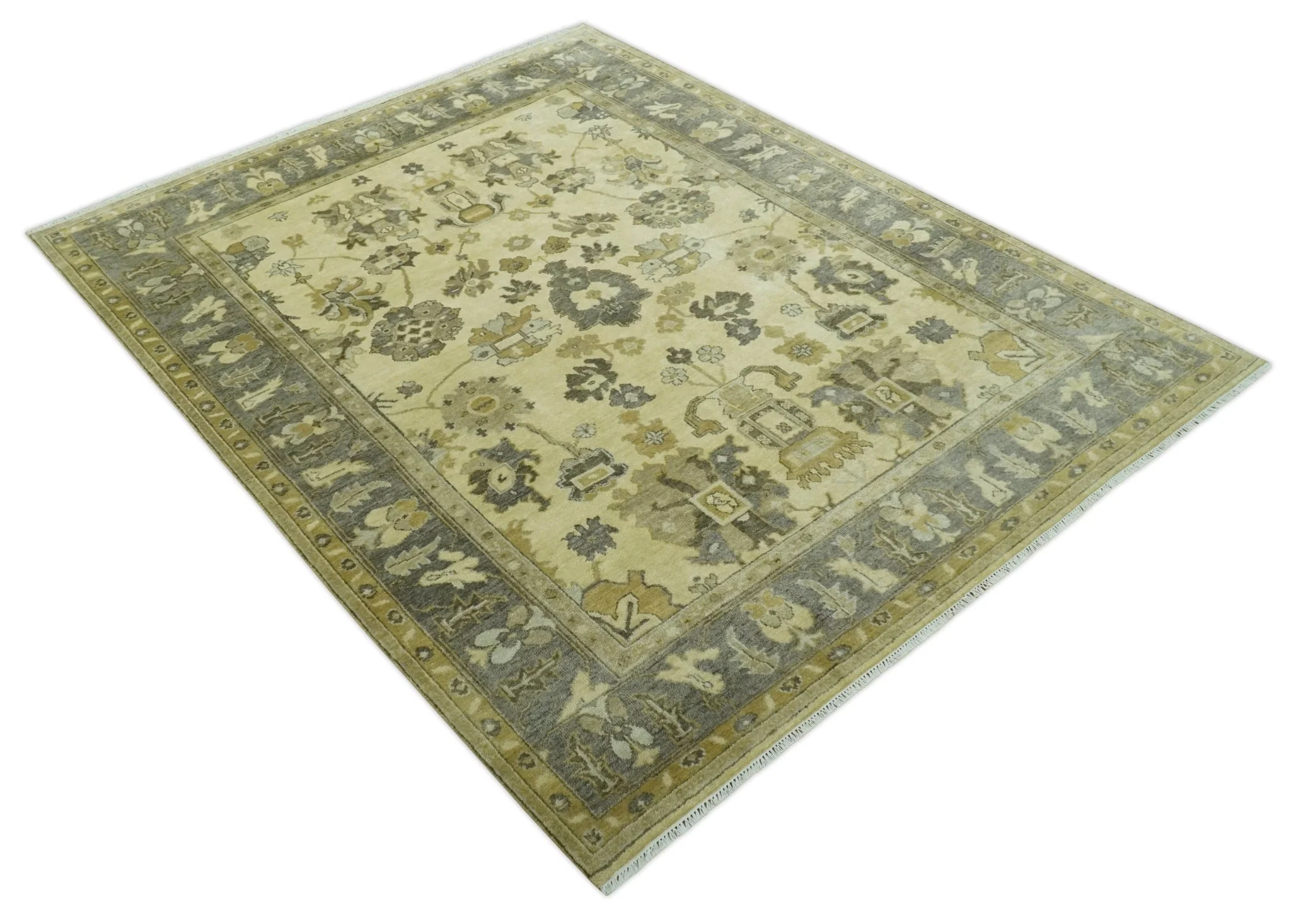 Beige and Gray 8x10 Hand Knotted Traditional Oriental Oushak Wool area rug - Image 10