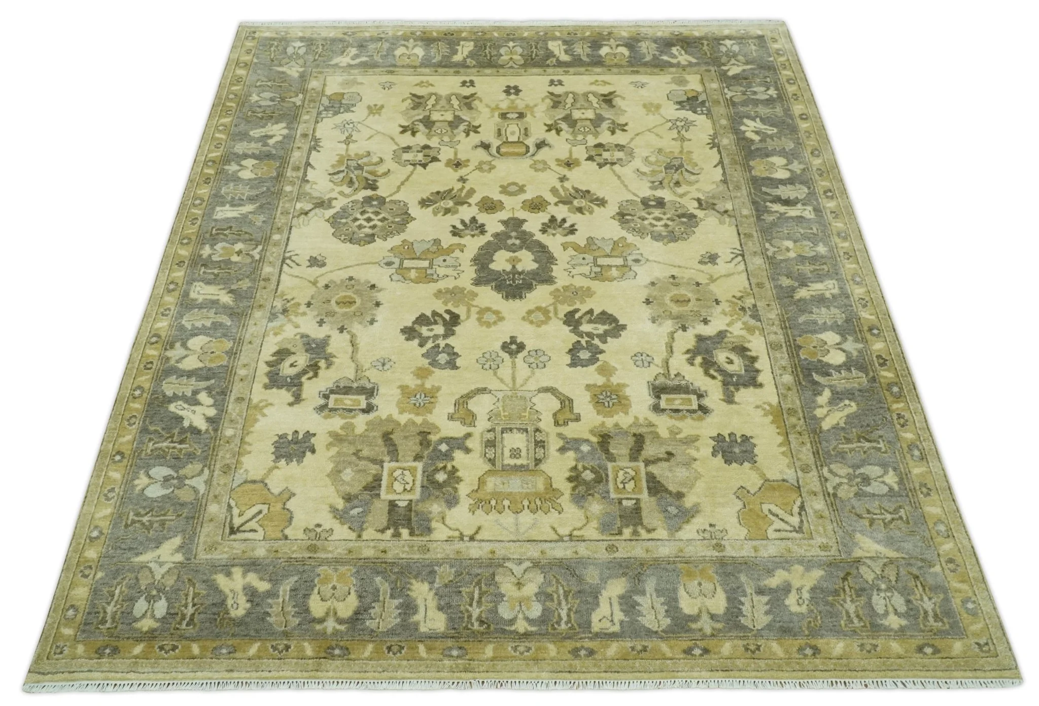 Beige and Gray 8x10 Hand Knotted Traditional Oriental Oushak Wool area rug - Image 11
