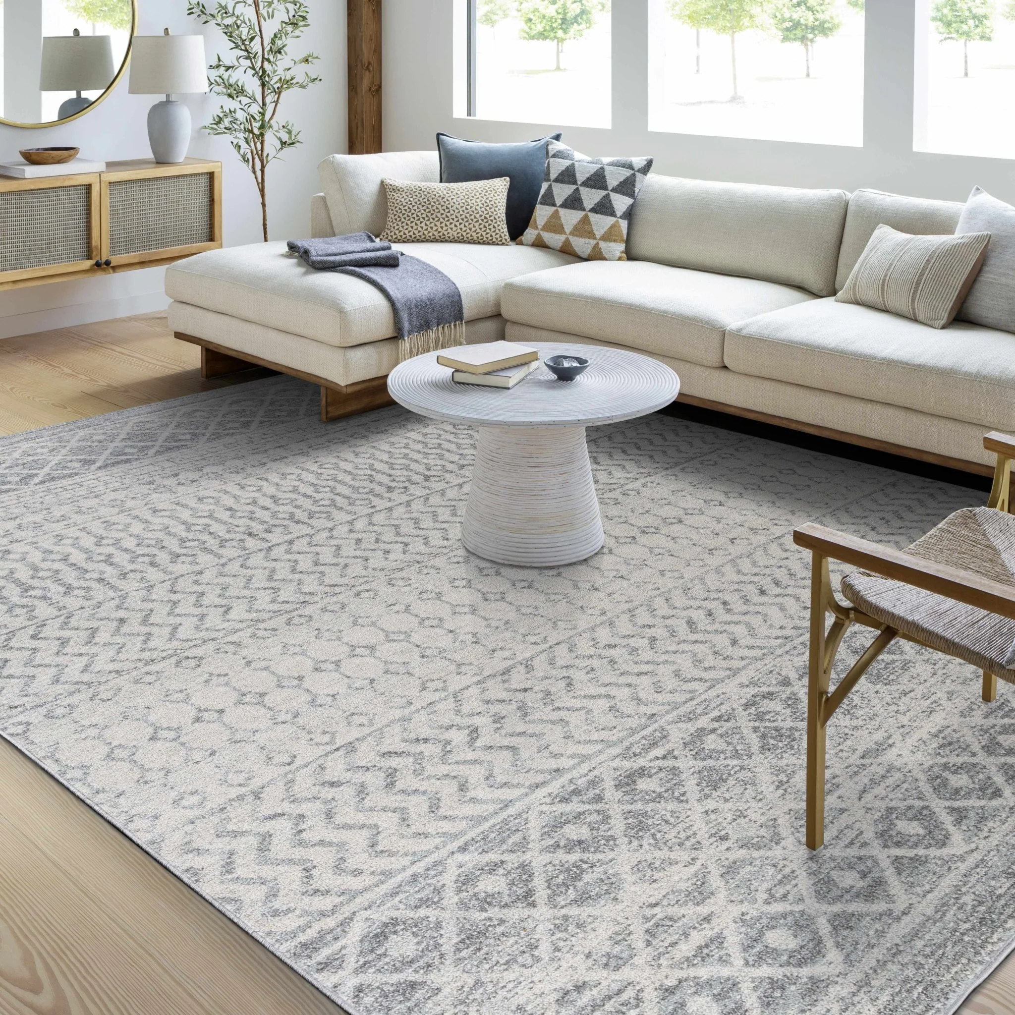 Beige and Gray Tribal Look Traditional Geometrical Design Multi Size Machine Woven Rug - Image 34