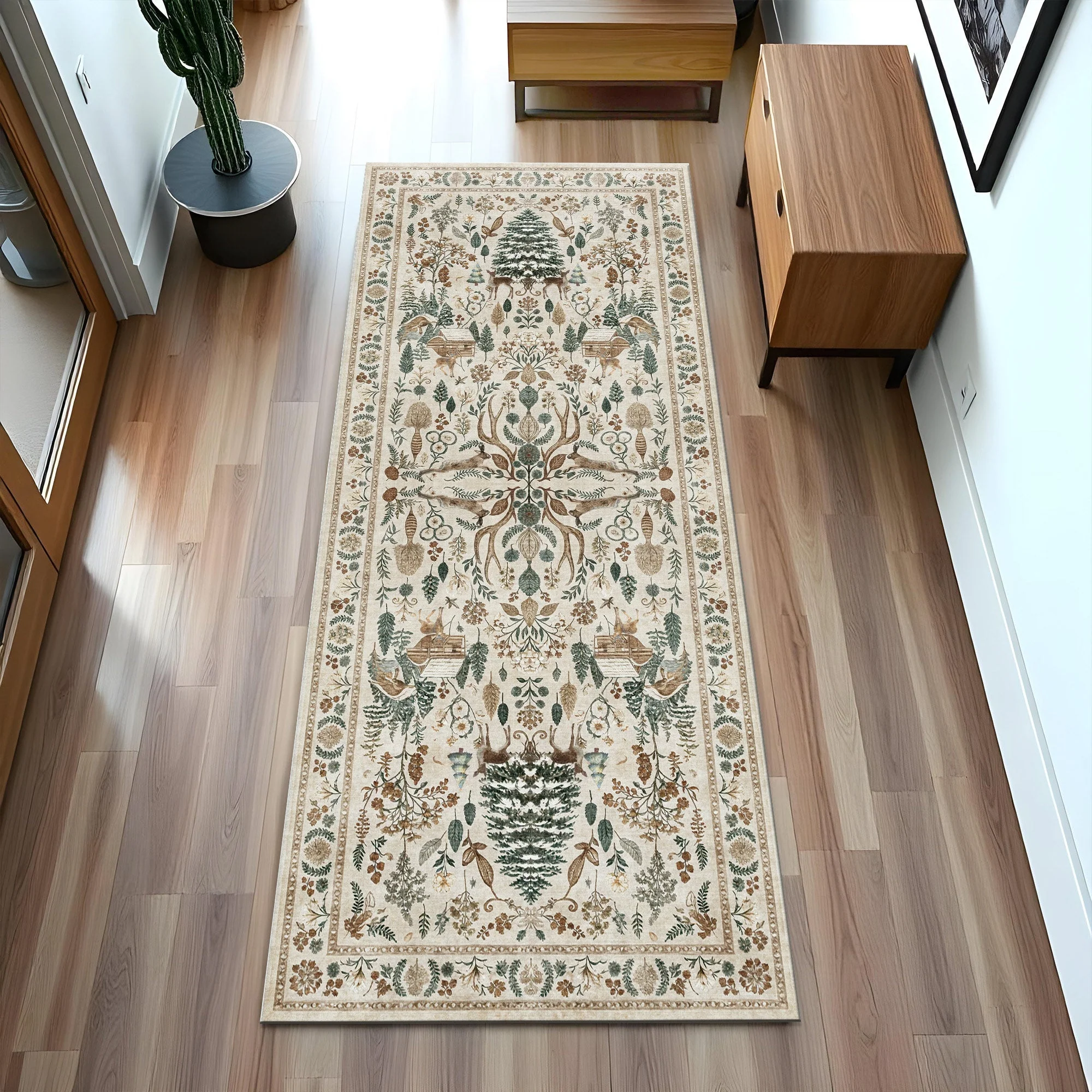 Tree of Life Beige And Green Machine Washable Cotton Area Rug - Image 5