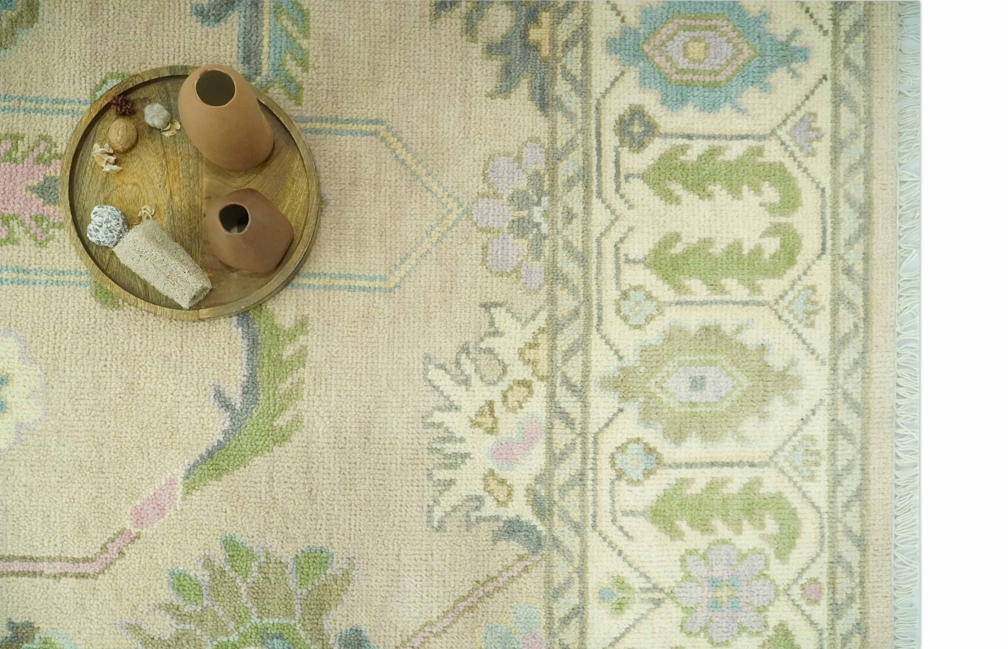 Custom Made Beige and Green Hand Knotted Traditional Oriental Oushak wool area rug - Image 11