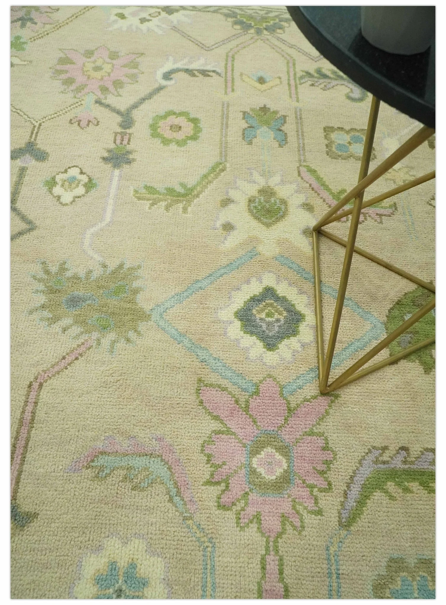 Custom Made Beige and Green Hand Knotted Traditional Oriental Oushak wool area rug - Image 2