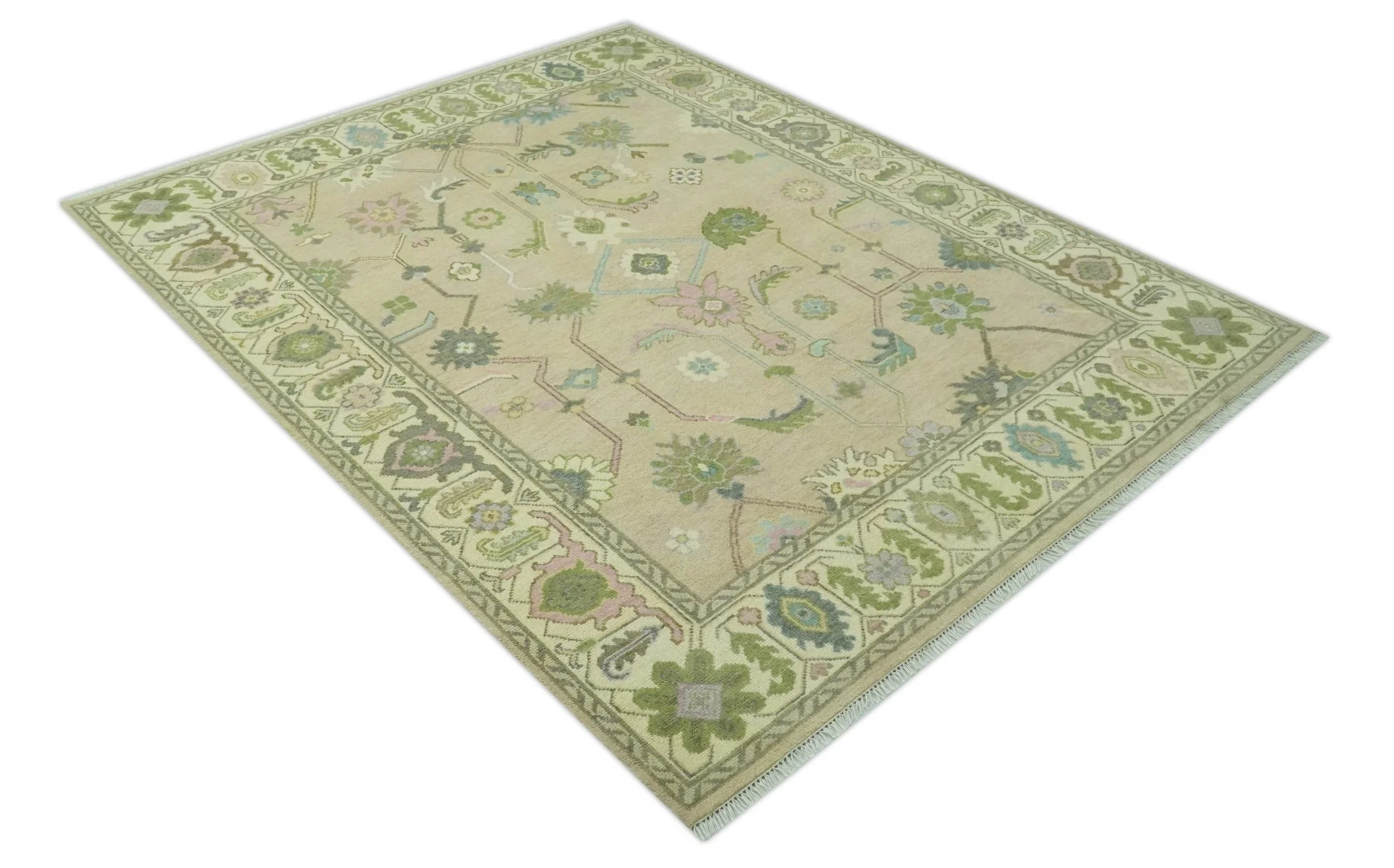 Custom Made Beige and Green Hand Knotted Traditional Oriental Oushak wool area rug - Image 3