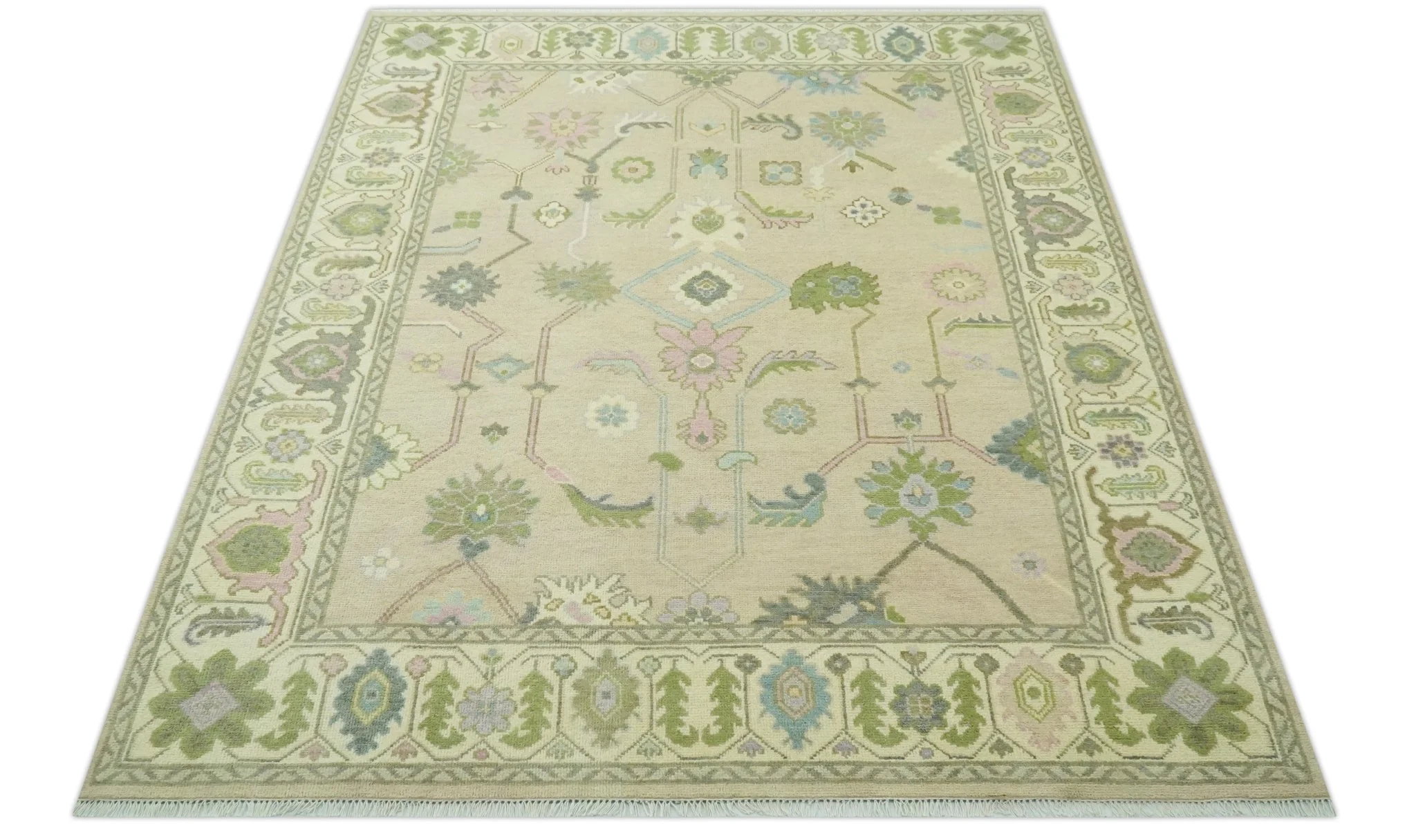 Custom Made Beige and Green Hand Knotted Traditional Oriental Oushak wool area rug - Image 4