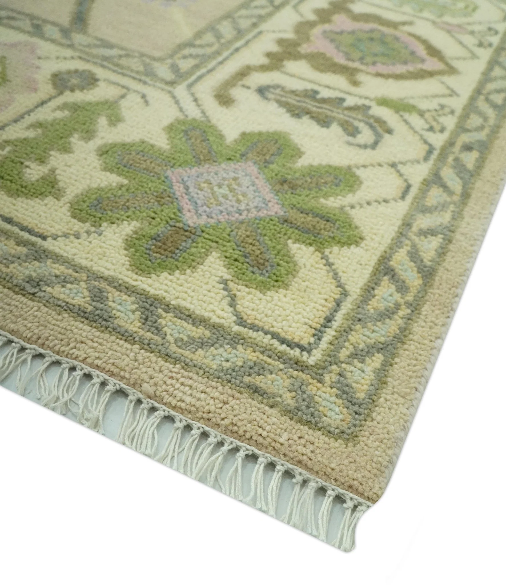 Custom Made Beige and Green Hand Knotted Traditional Oriental Oushak wool area rug - Image 6