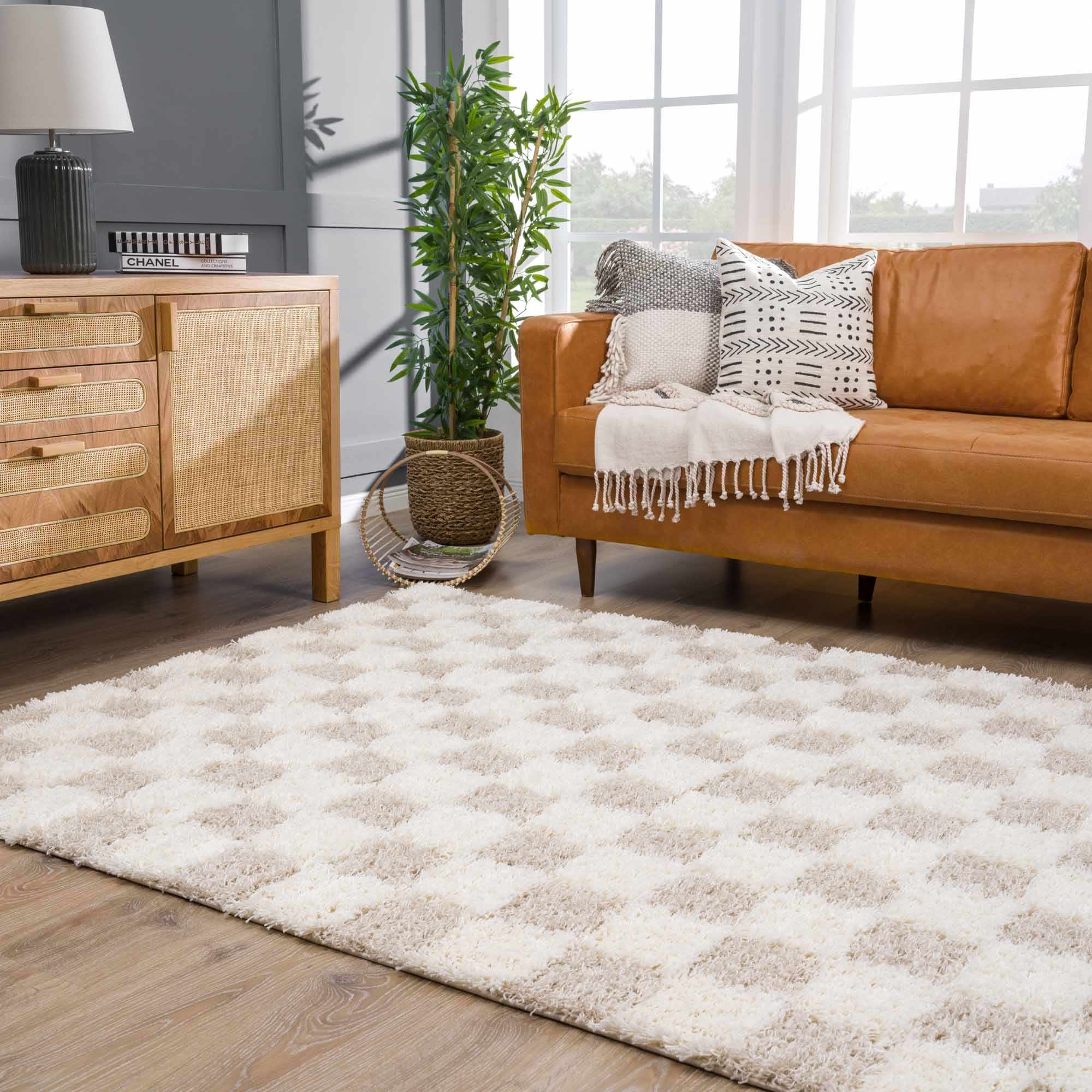 Beige and Ivory Modern Geometrical Checkered Plush Pile Moroccan Style Area Rug - Image 12