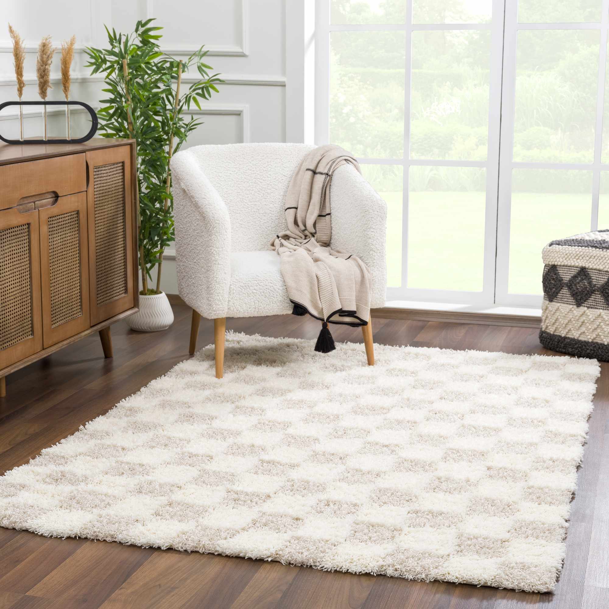 Beige and Ivory Modern Geometrical Checkered Plush Pile Moroccan Style Area Rug - Image 13