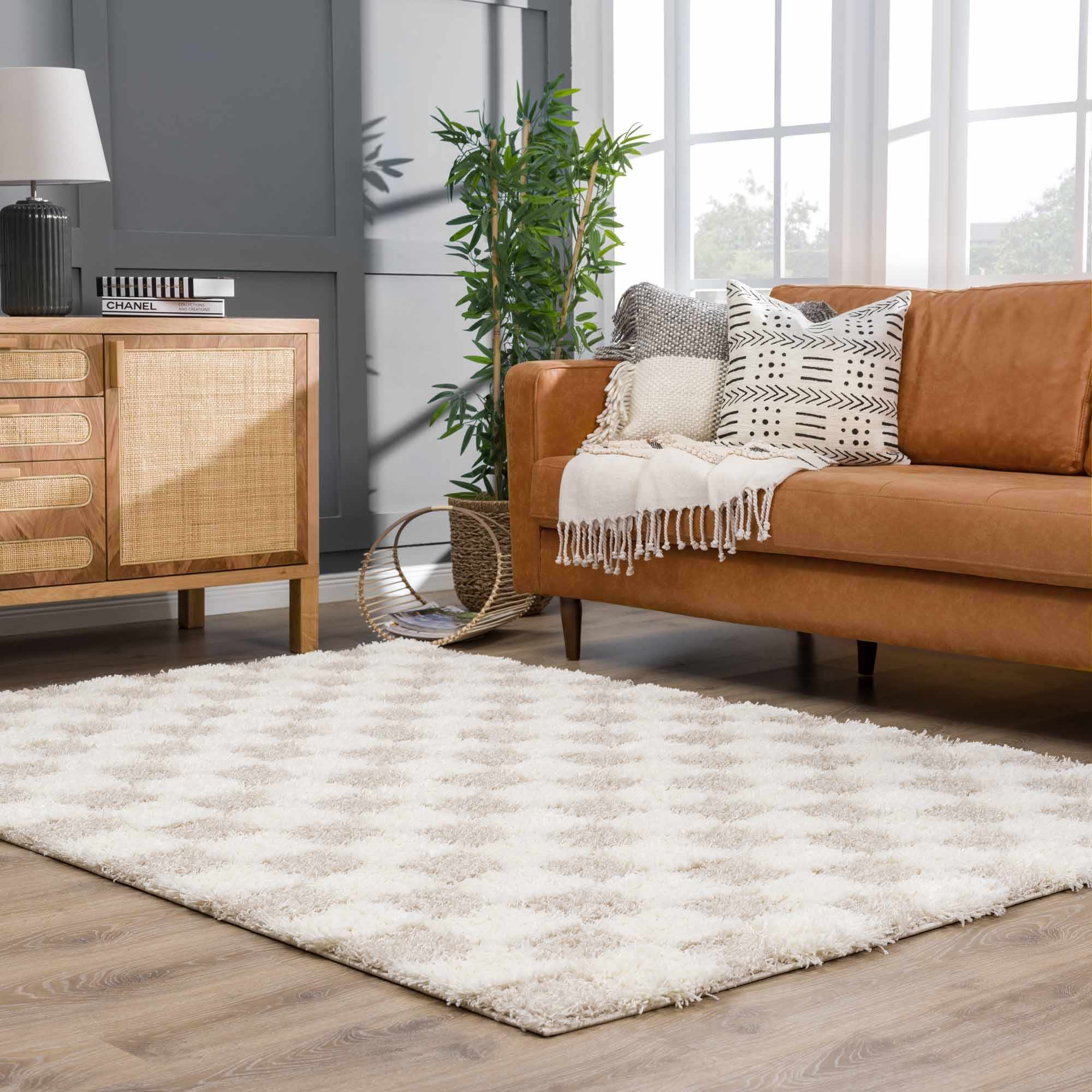 Beige and Ivory Modern Geometrical Checkered Plush Pile Moroccan Style Area Rug - Image 23