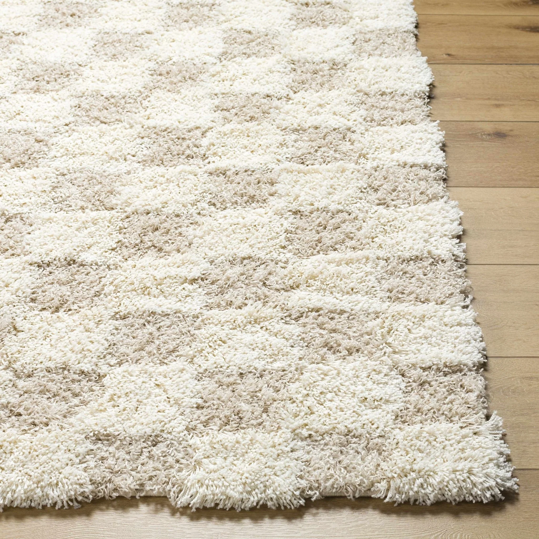 Beige and Ivory Modern Geometrical Checkered Plush Pile Moroccan Style Area Rug - Image 24