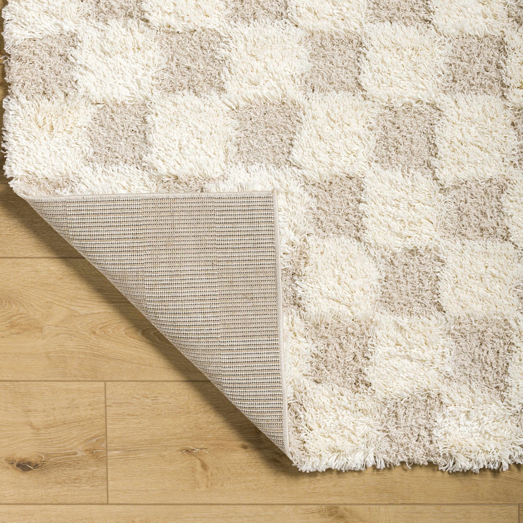 Beige and Ivory Modern Geometrical Checkered Plush Pile Moroccan Style Area Rug - Image 25