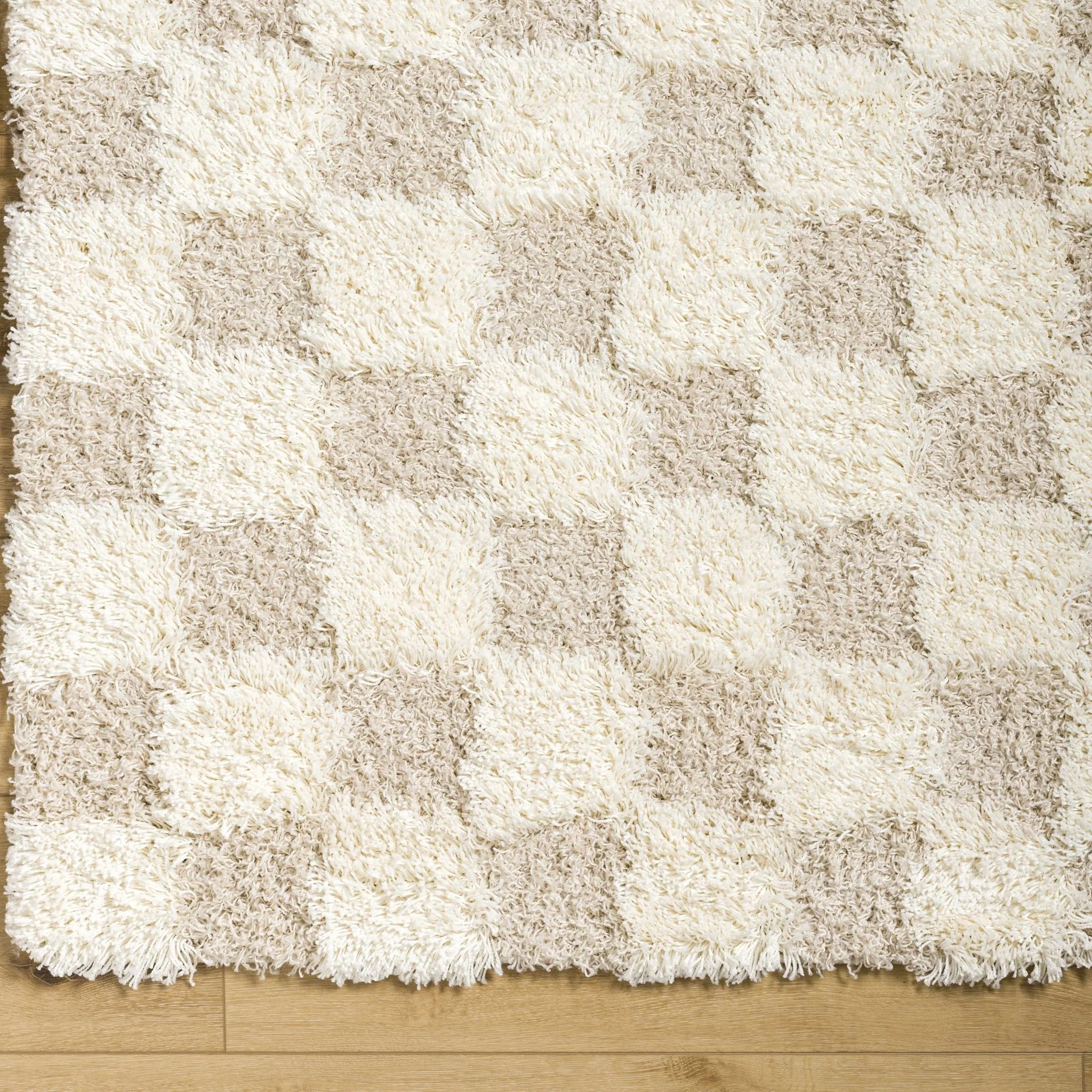 Beige and Ivory Modern Geometrical Checkered Plush Pile Moroccan Style Area Rug - Image 27