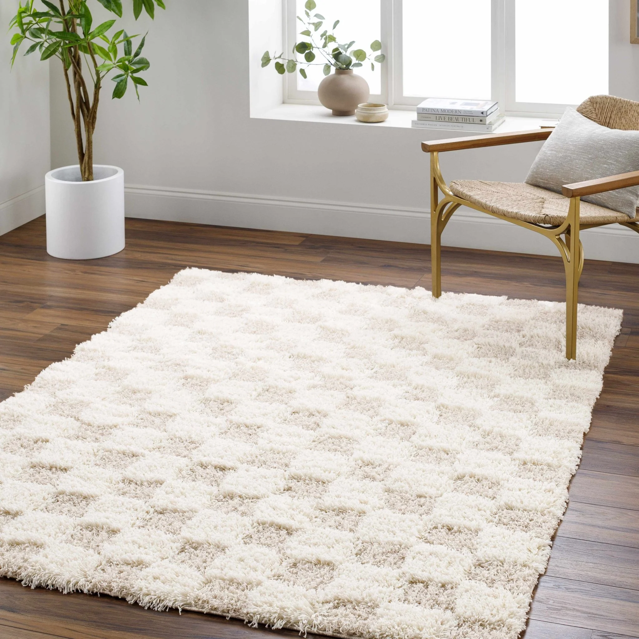 Beige and Ivory Modern Geometrical Checkered Plush Pile Moroccan Style Area Rug - Image 28