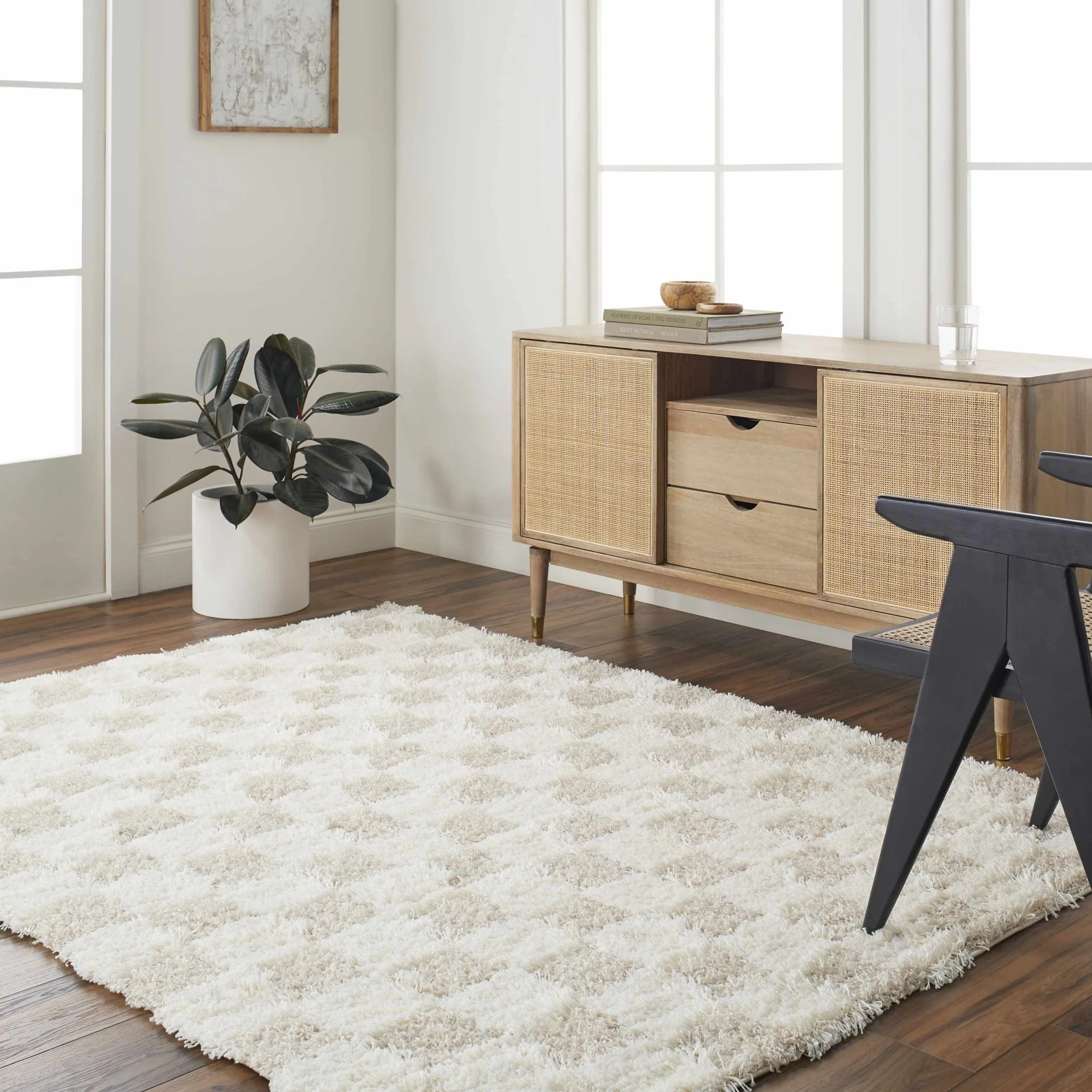 Beige and Ivory Modern Geometrical Checkered Plush Pile Moroccan Style Area Rug - Image 29