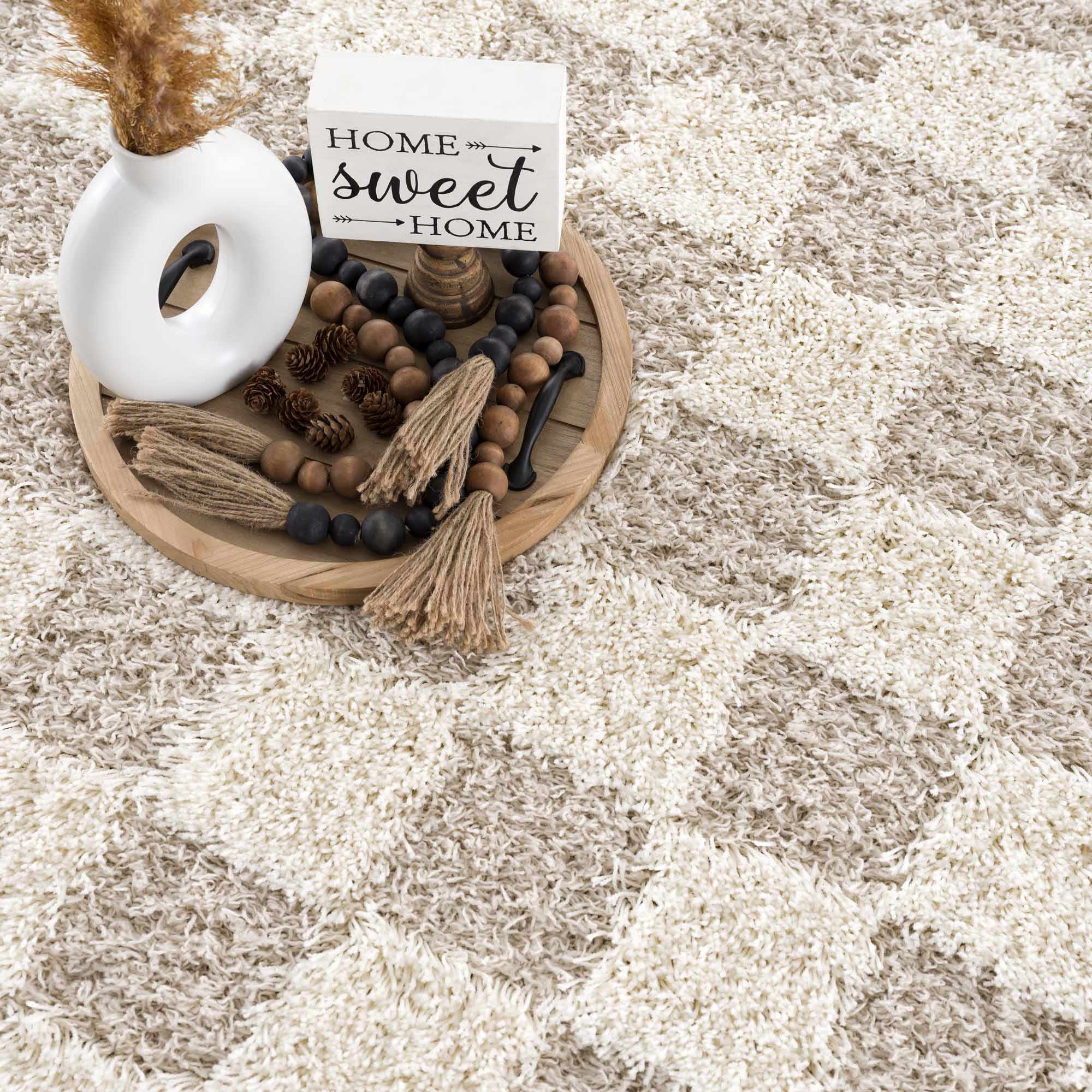 Beige and Ivory Modern Geometrical Checkered Plush Pile Moroccan Style Area Rug - Image 3