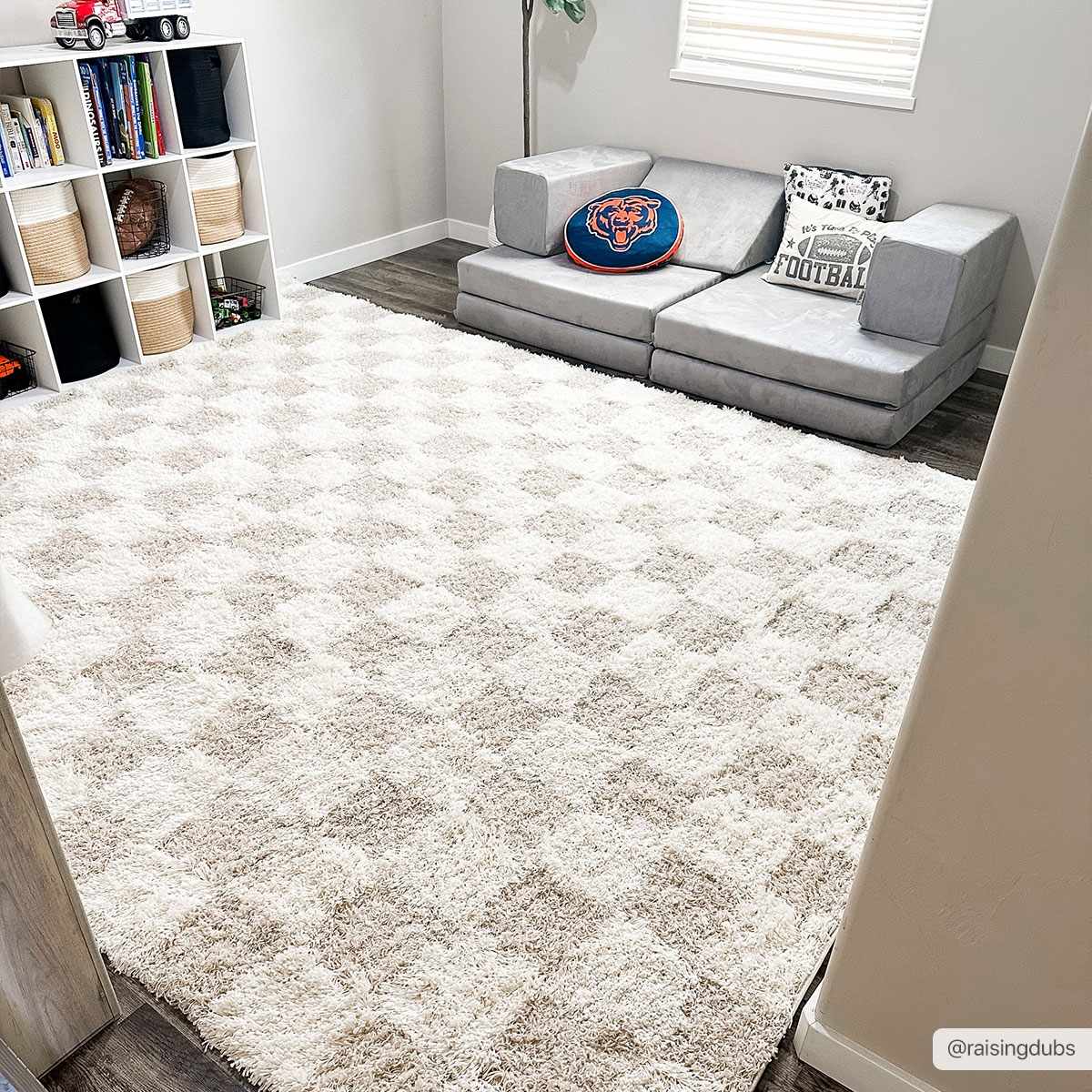 Beige and Ivory Modern Geometrical Checkered Plush Pile Moroccan Style Area Rug - Image 6