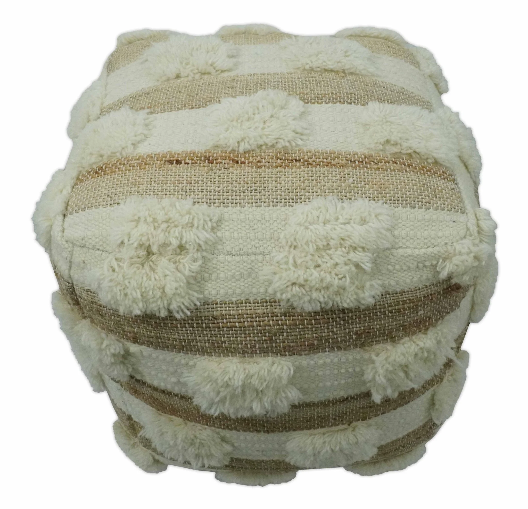 Beige and Ivory Geometrical Stripes Design Fringed wool and jute Pouf - Image 3