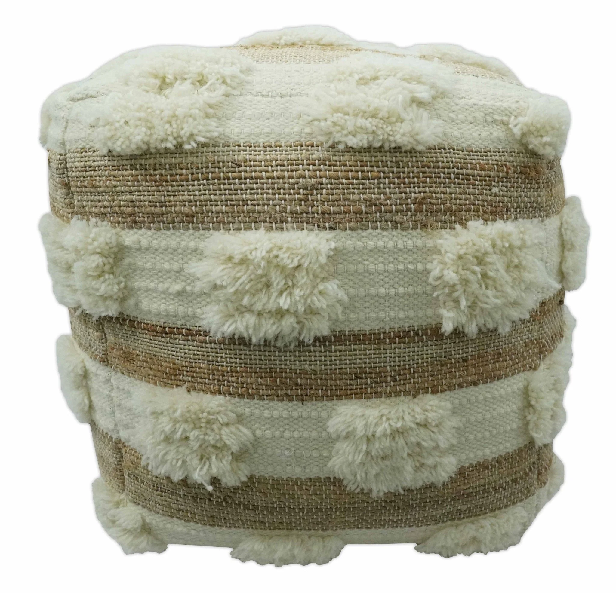 Beige and Ivory Geometrical Stripes Design Fringed wool and jute Pouf - Image 4