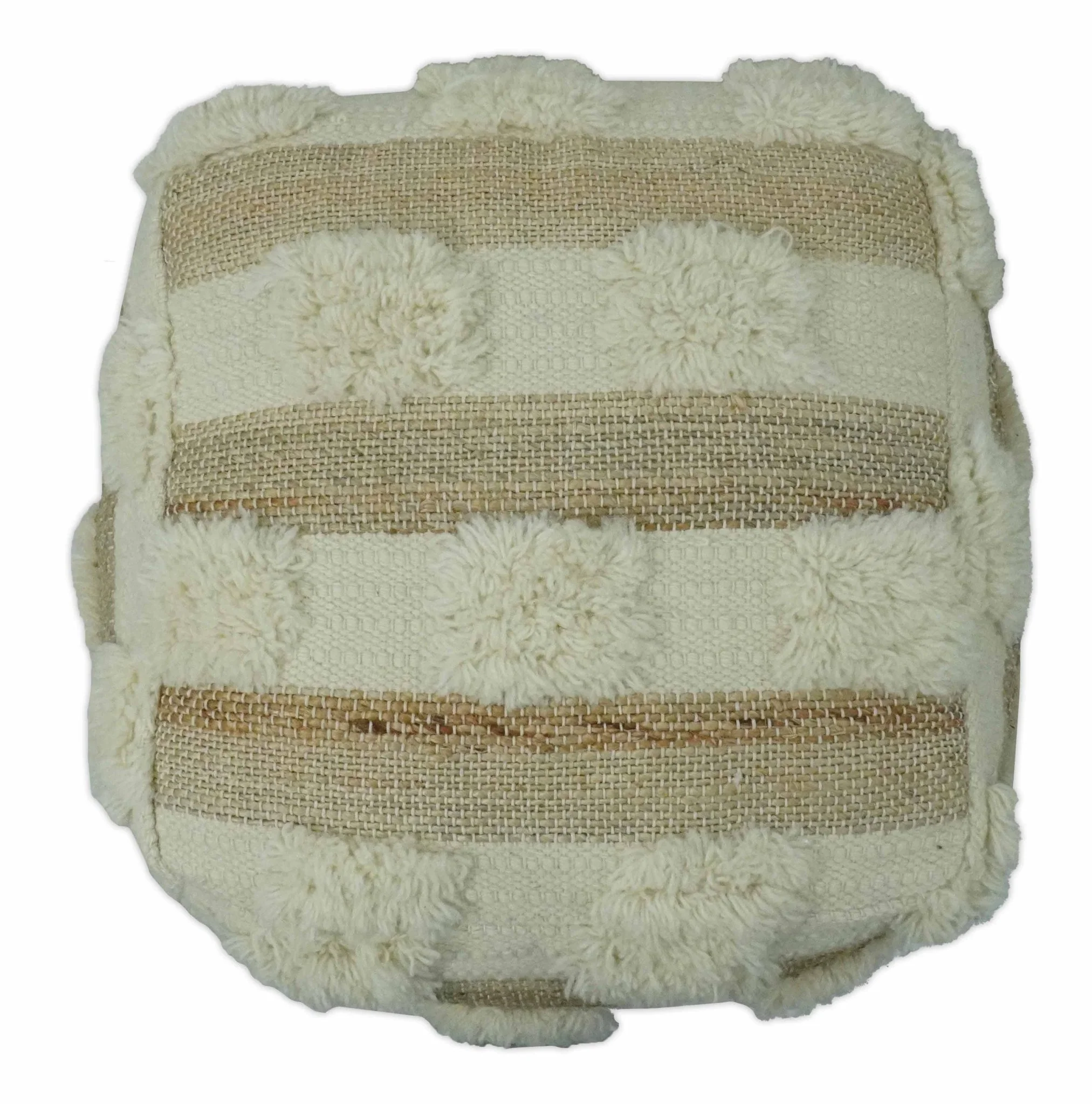 Beige and Ivory Geometrical Stripes Design Fringed wool and jute Pouf - Image 5