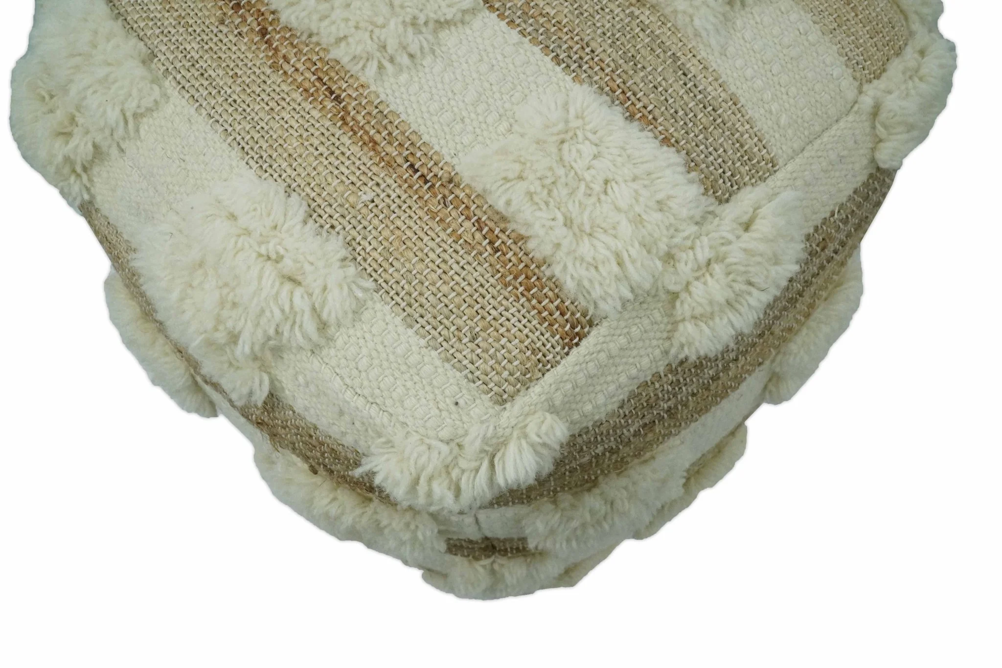 Beige and Ivory Geometrical Stripes Design Fringed wool and jute Pouf - Image 6