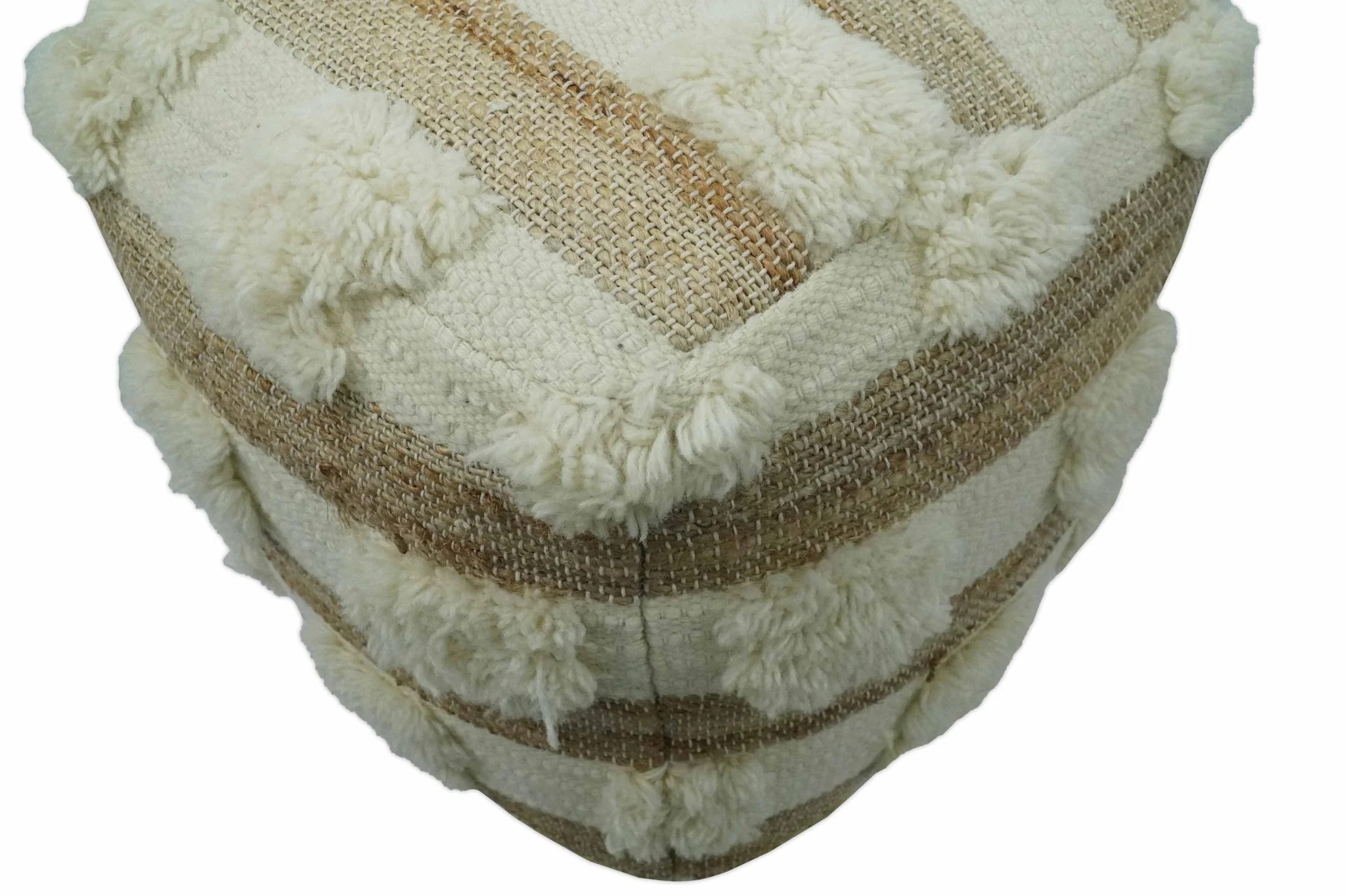 Beige and Ivory Geometrical Stripes Design Fringed wool and jute Pouf - Image 7