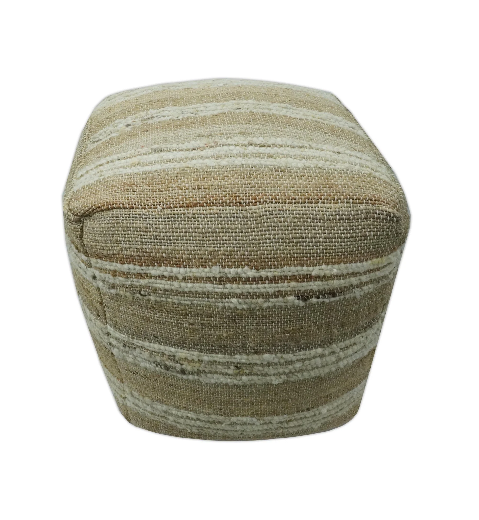 Hand Woven Beige and Ivory Stripes Design tassel Jute and wool Pouf - Image 4